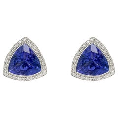 3.61 Carat Trillion Cut Tanzanite Diamond Halo Studs Earrings in 18k White Gold