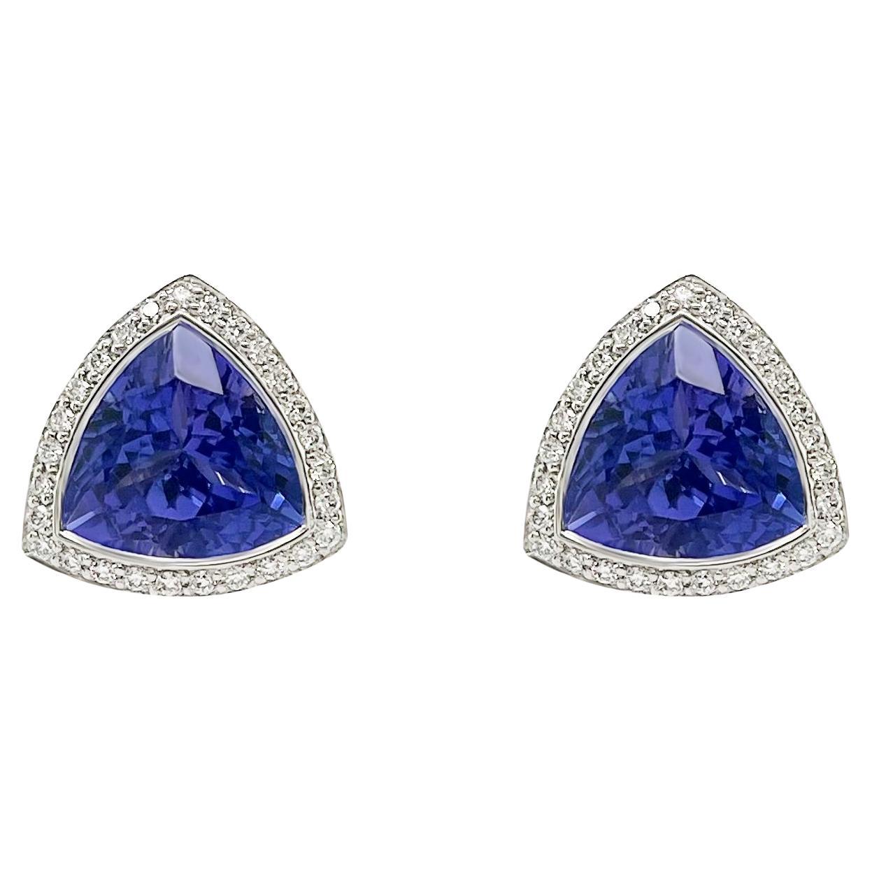 3.61 Carat Trillion Cut Tanzanite Diamond Halo Studs Earrings in 18k White Gold For Sale