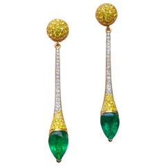 3.61 Carat Vivid Green Zambian Emerald with Vivid Yellow Diamond Earring 3.61 Carat Vivid Green Zambian Emerald with Vivid Yellow Diamond Earring
