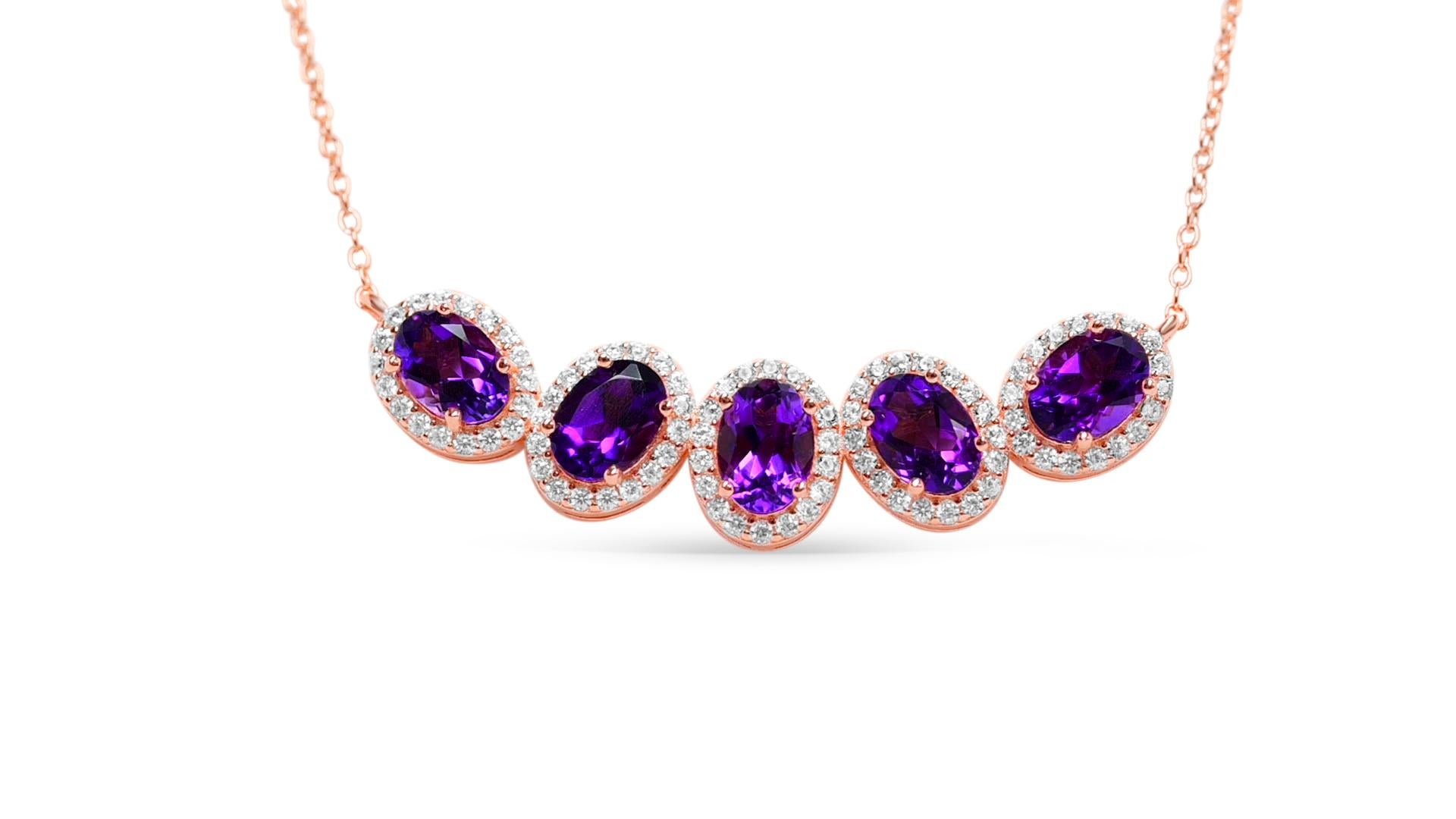 Oval Cut 3.61 Ctw Amethyst Bridal Necklace Rose Gold Plated 925 Sterling Silver Necklace For Sale
