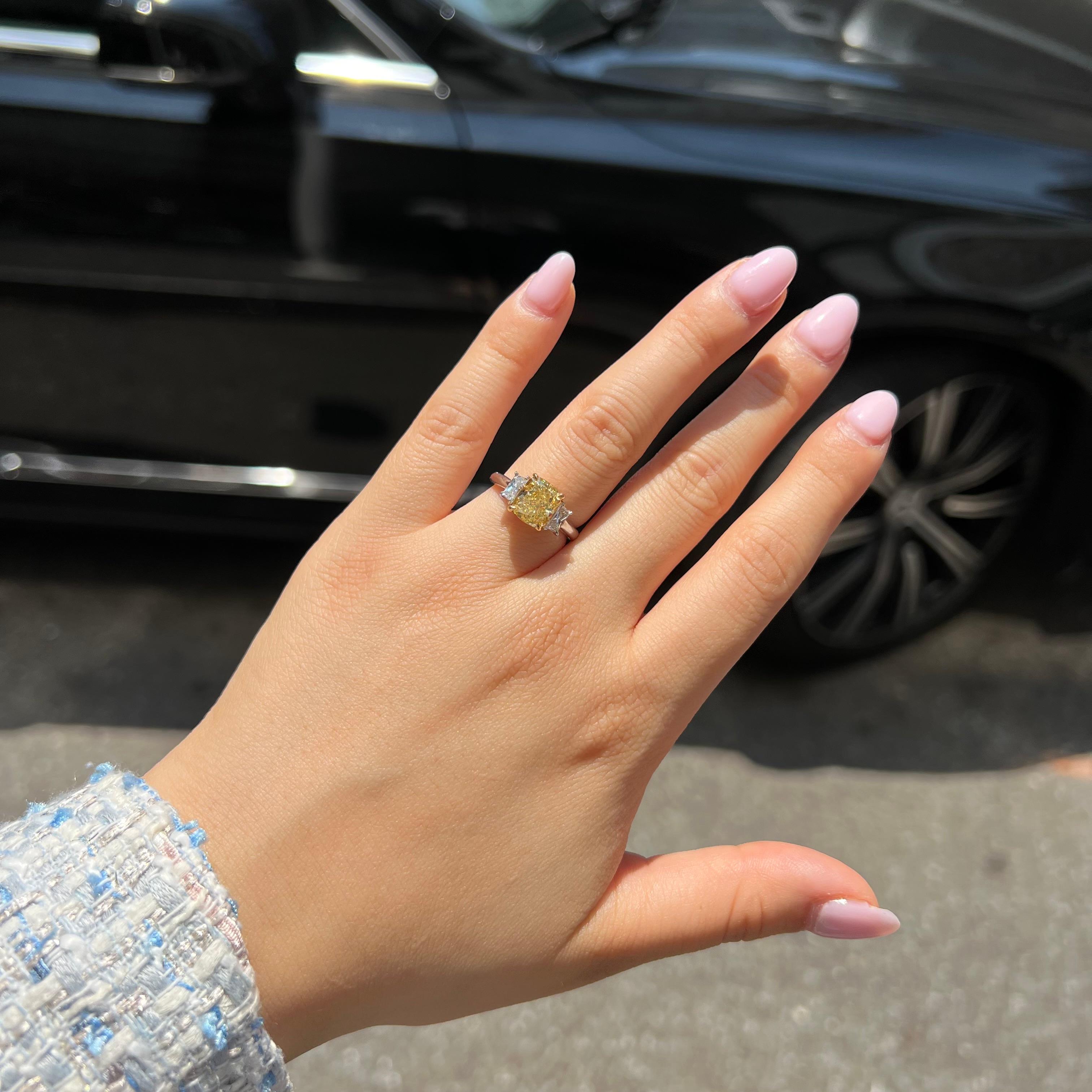 Cushion Cut 3.61 Total Carat Fancy Yellow Diamond Ladies Engagement Ring GIA For Sale