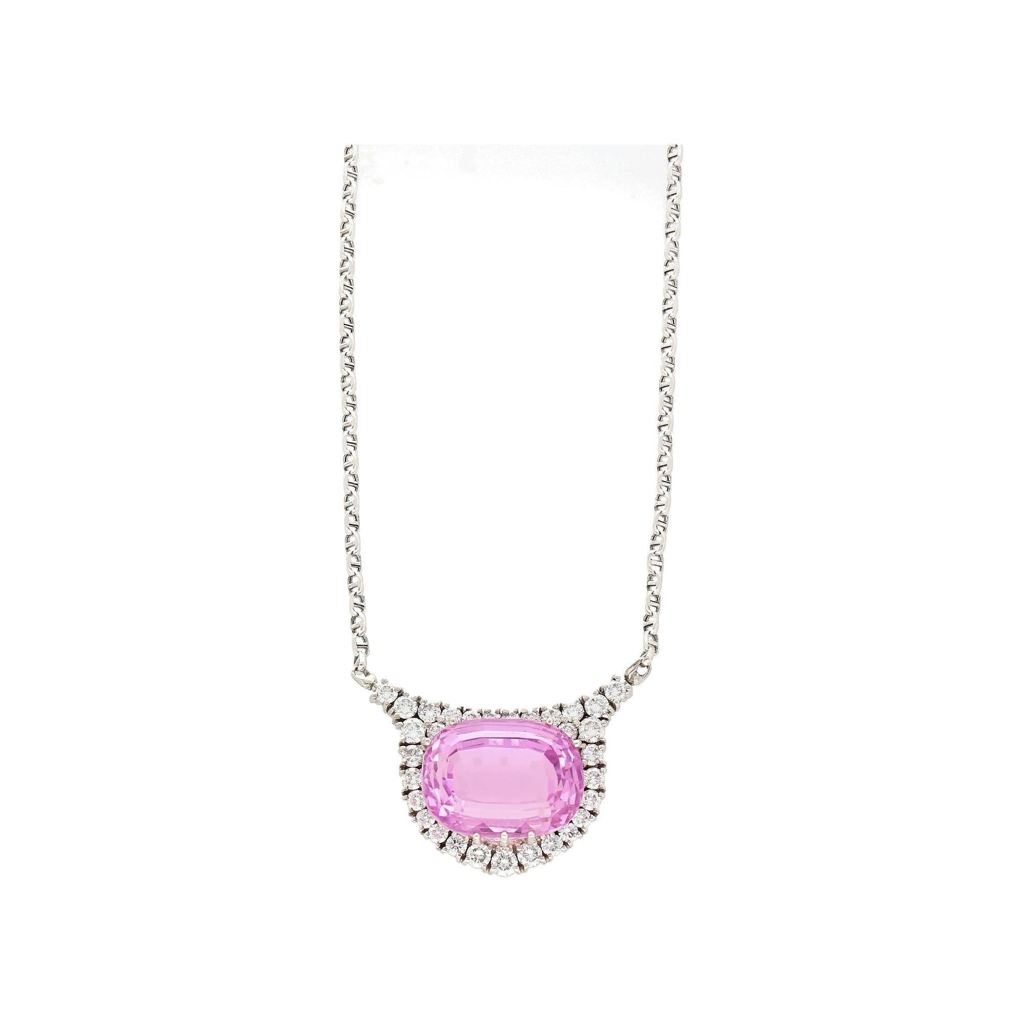 Modern 36.10 Carat Cushion-Cut Kunzite And Diamond in 18k White Gold Necklace For Sale
