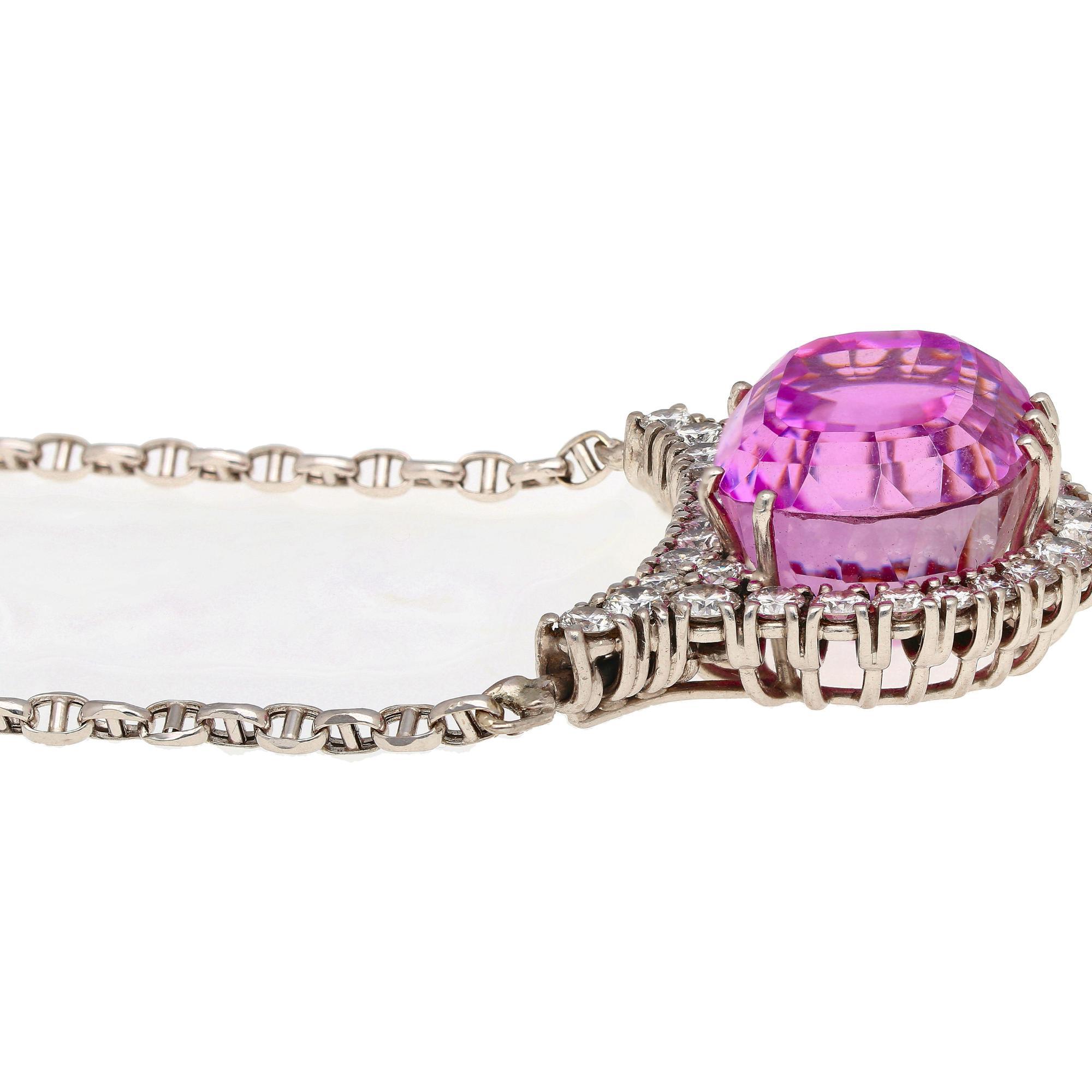 Cushion Cut 36.10 Carat Cushion-Cut Kunzite And Diamond in 18k White Gold Necklace For Sale