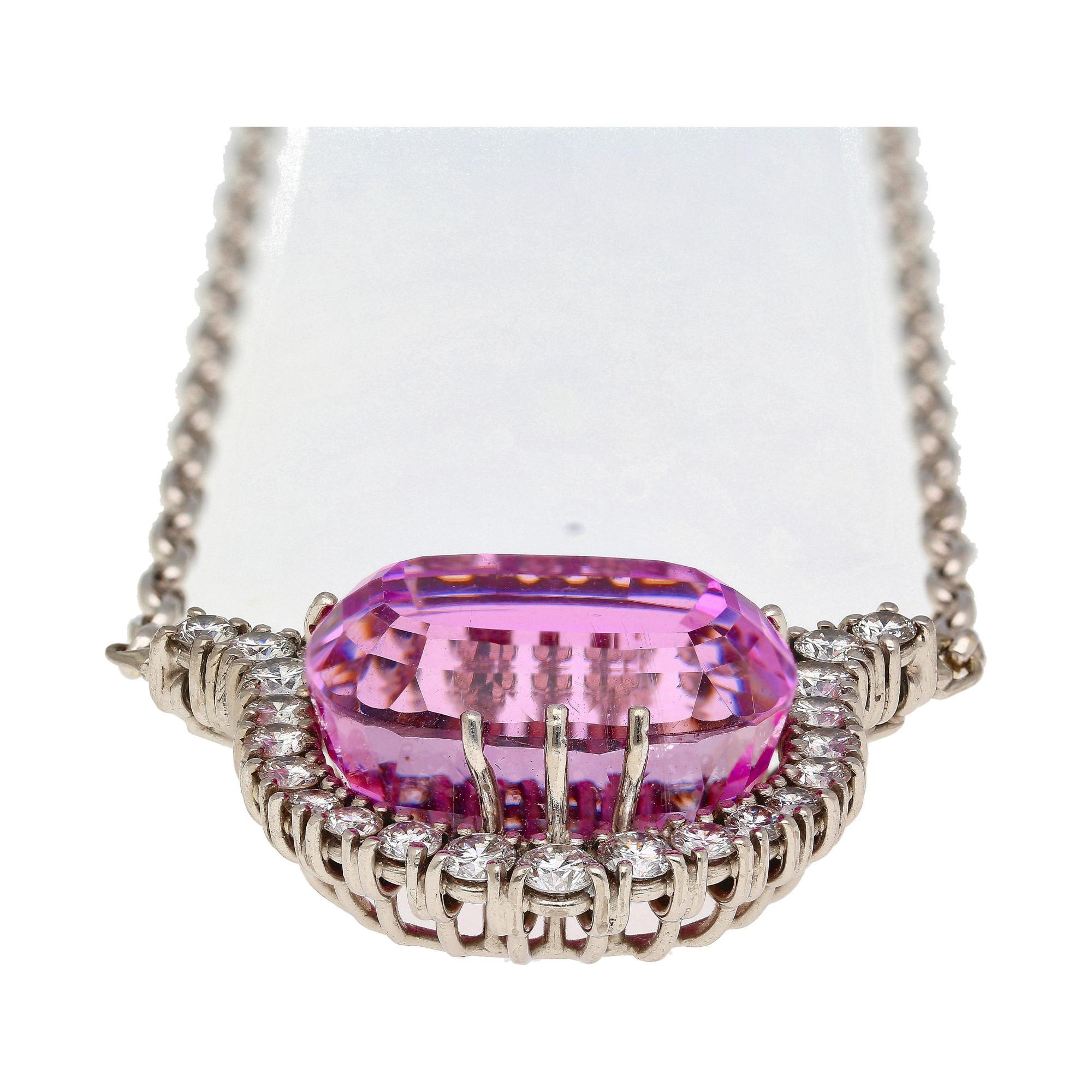 36.10 Carat Cushion-Cut Kunzite And Diamond in 18k White Gold Necklace In New Condition For Sale In Miami, FL