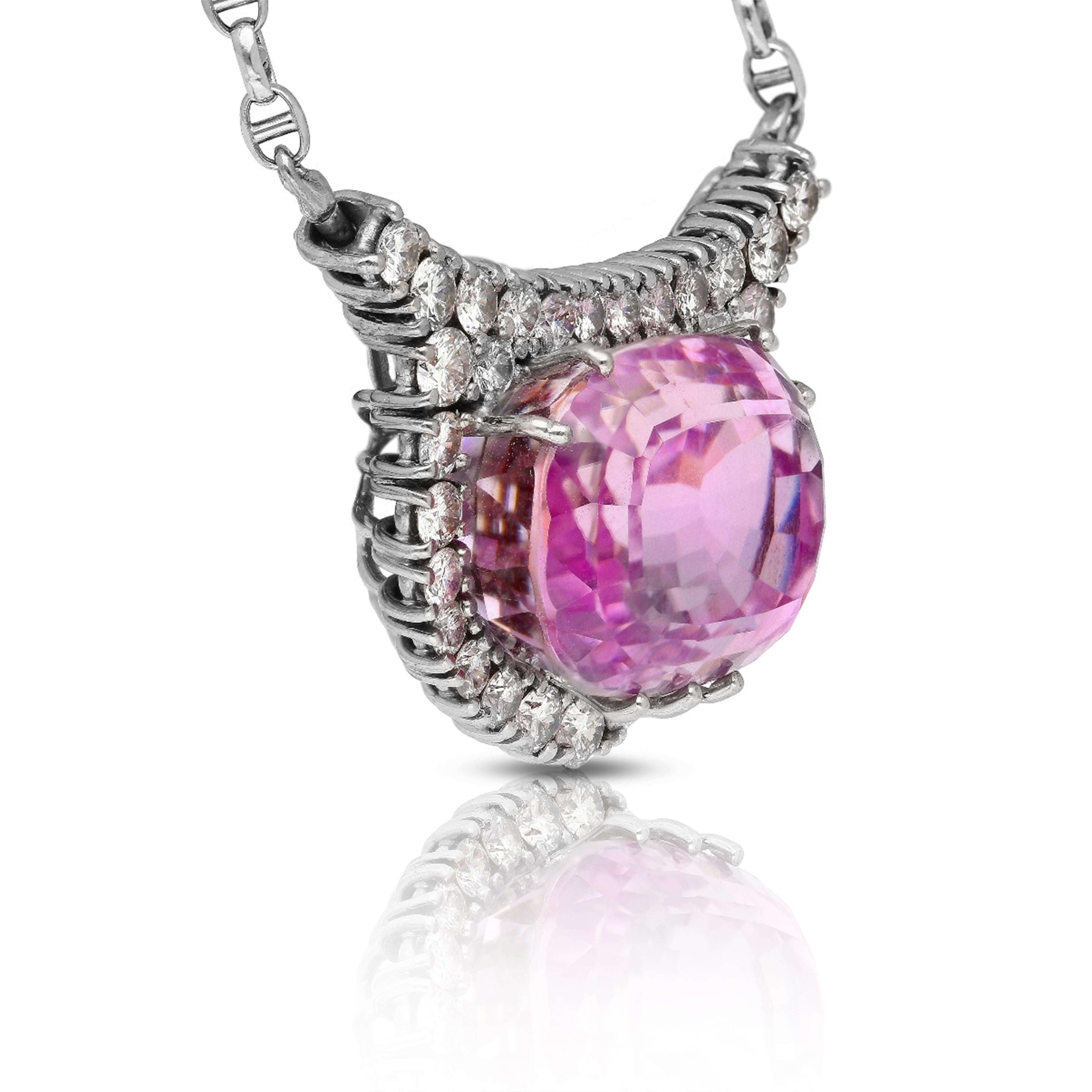Women's 36.10 Carat Cushion-Cut Kunzite And Diamond in 18k White Gold Necklace For Sale