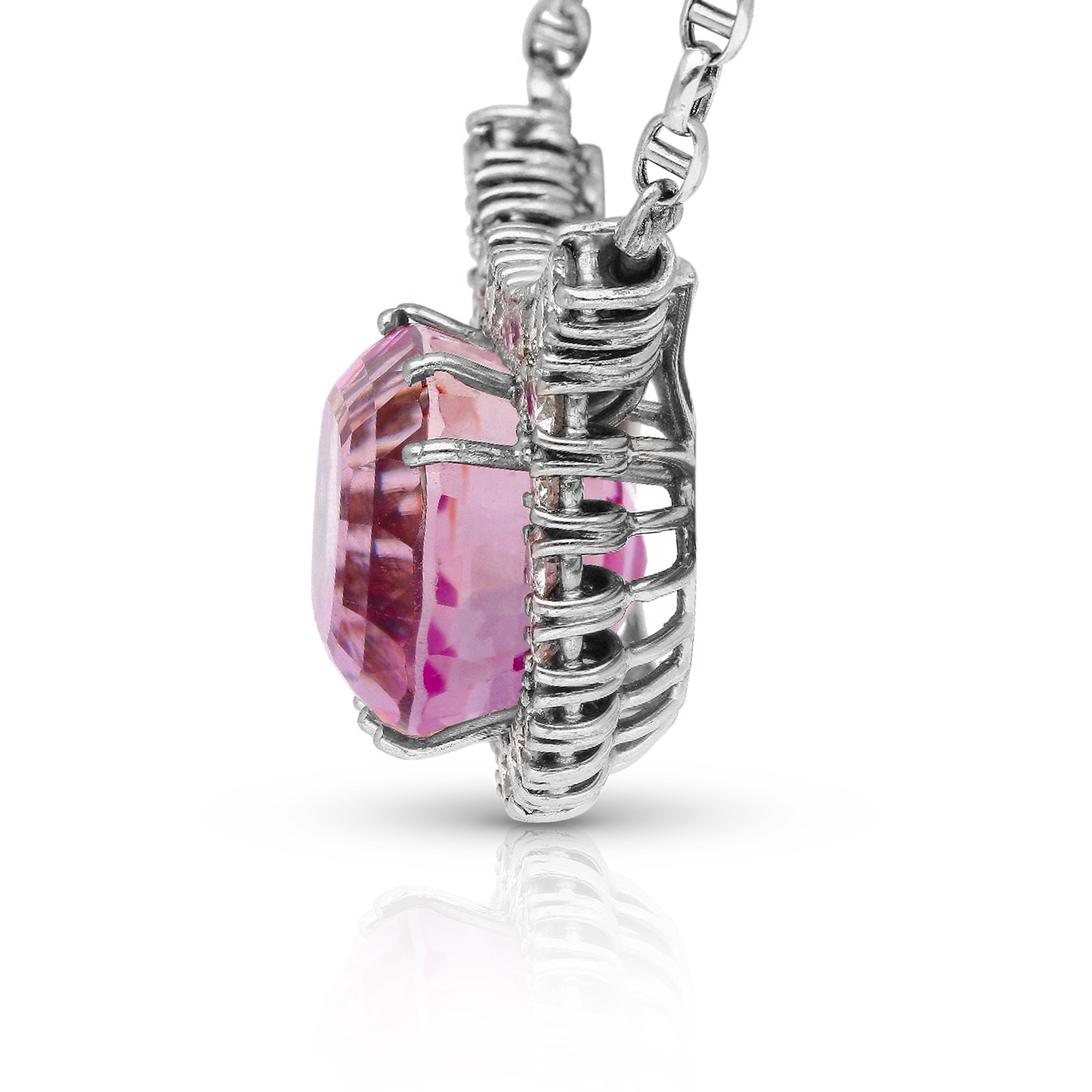 36.10 Carat Cushion-Cut Kunzite And Diamond in 18k White Gold Necklace For Sale 1