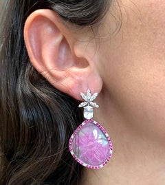 36.12 Carat Carved Multi-Color Sapphire Ruby and White Diamond Earrings 14K Gold