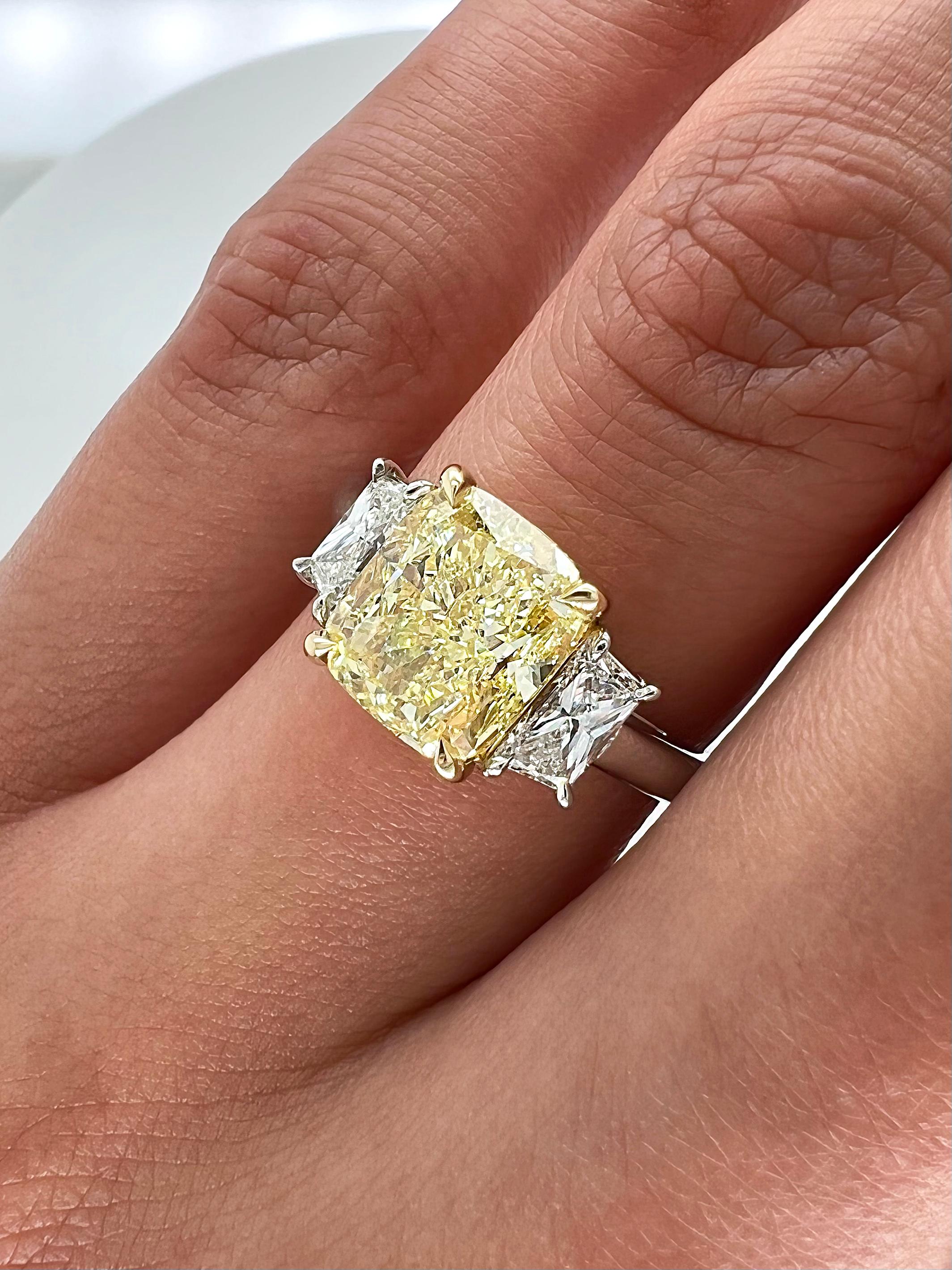 Cushion Cut 3.61 Total Carat Fancy Yellow Diamond Ladies Engagement Ring GIA For Sale