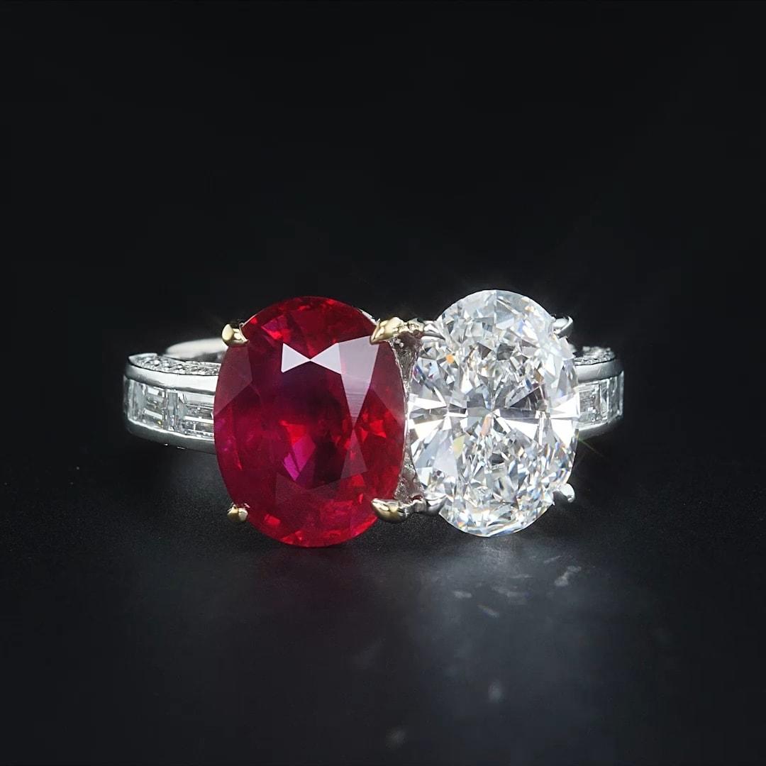 Custom Made 3.61ct Fine Quality Pigeon Blood Burma Ruby set near a 2.01ct G VS2 GIA certed Oval Diamond.  Beautiful pigeon blood color and quality. The 2.01ct G VS2 GIA diamond accents the pigeon blood ruby perfectly.  Custom made in 18k with one of