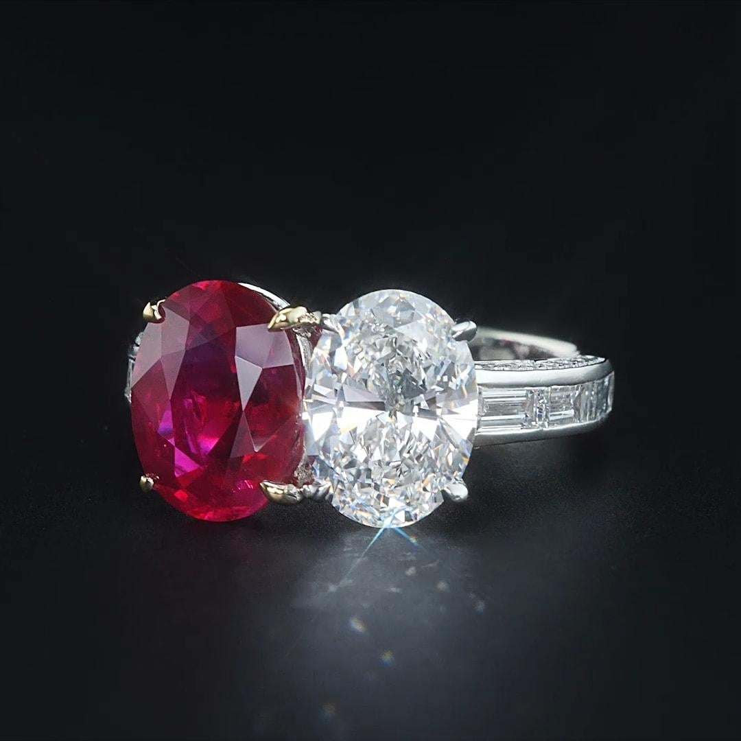 Oval Cut 3.61ct Pigeon Blood Burma Ruby with 2.01ct GVS2 Oval GIA Diamond 18k Ring For Sale