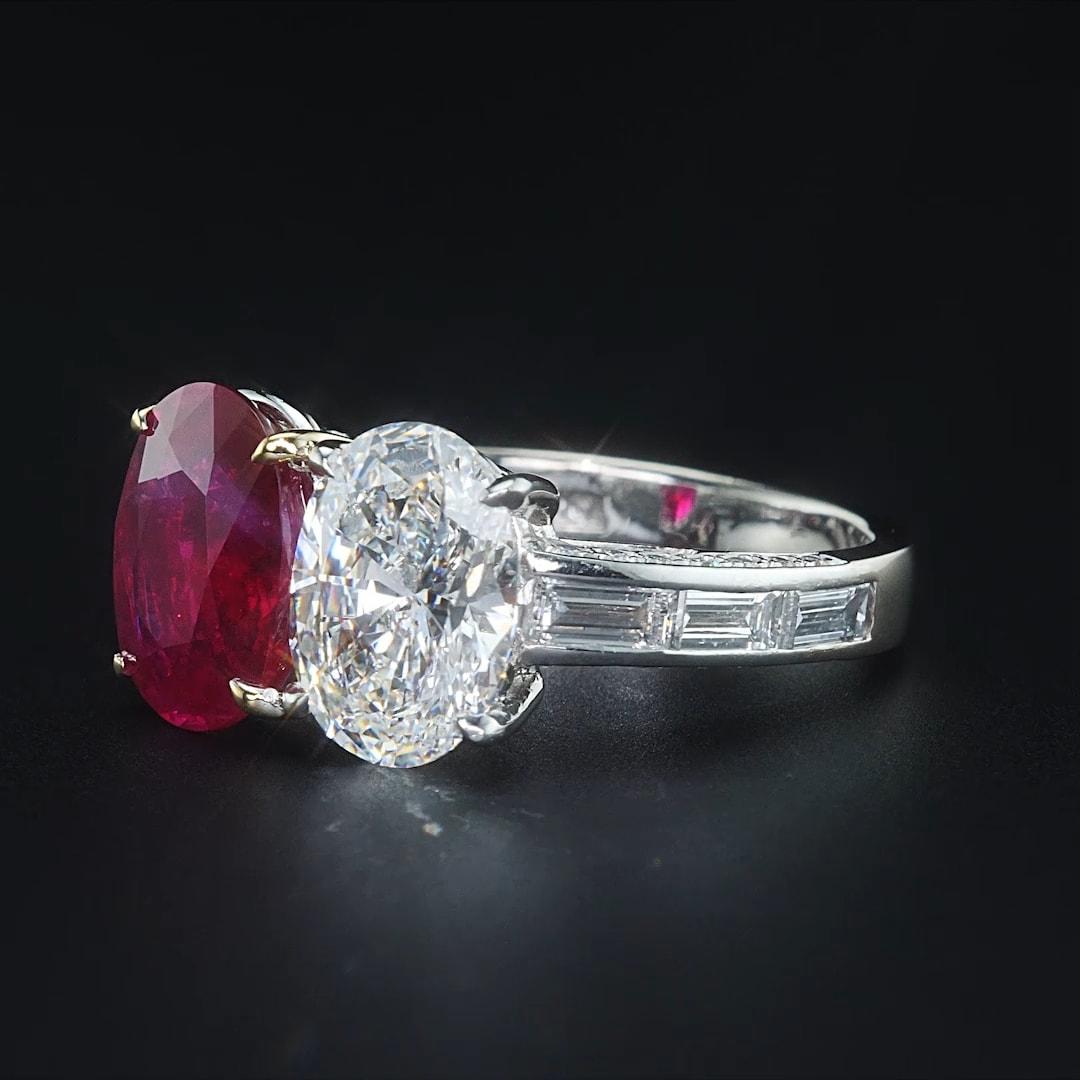 3.61ct Pigeon Blood Burma Ruby with 2.01ct GVS2 Oval GIA Diamond 18k Ring In New Condition For Sale In New York, NY
