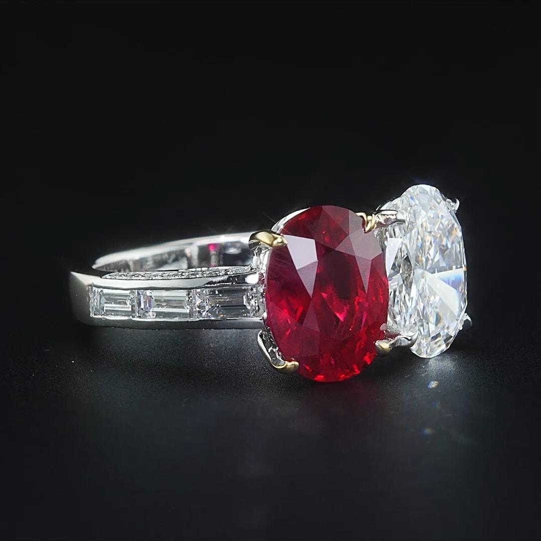 Women's 3.61ct Pigeon Blood Burma Ruby with 2.01ct GVS2 Oval GIA Diamond 18k Ring For Sale