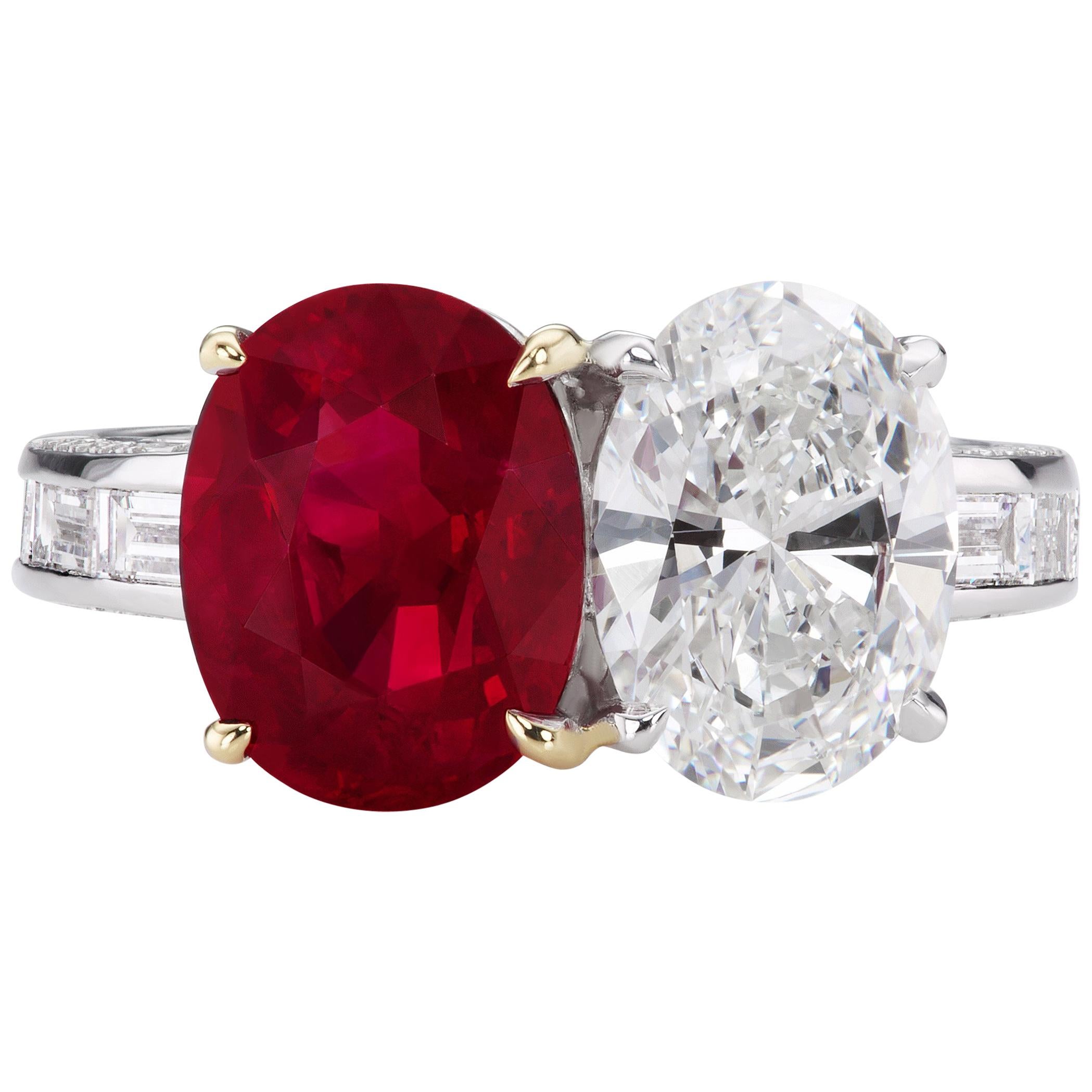 3.61ct Pigeon Blood Burma Ruby with 2.01ct GVS2 Oval GIA Diamond 18k Ring For Sale