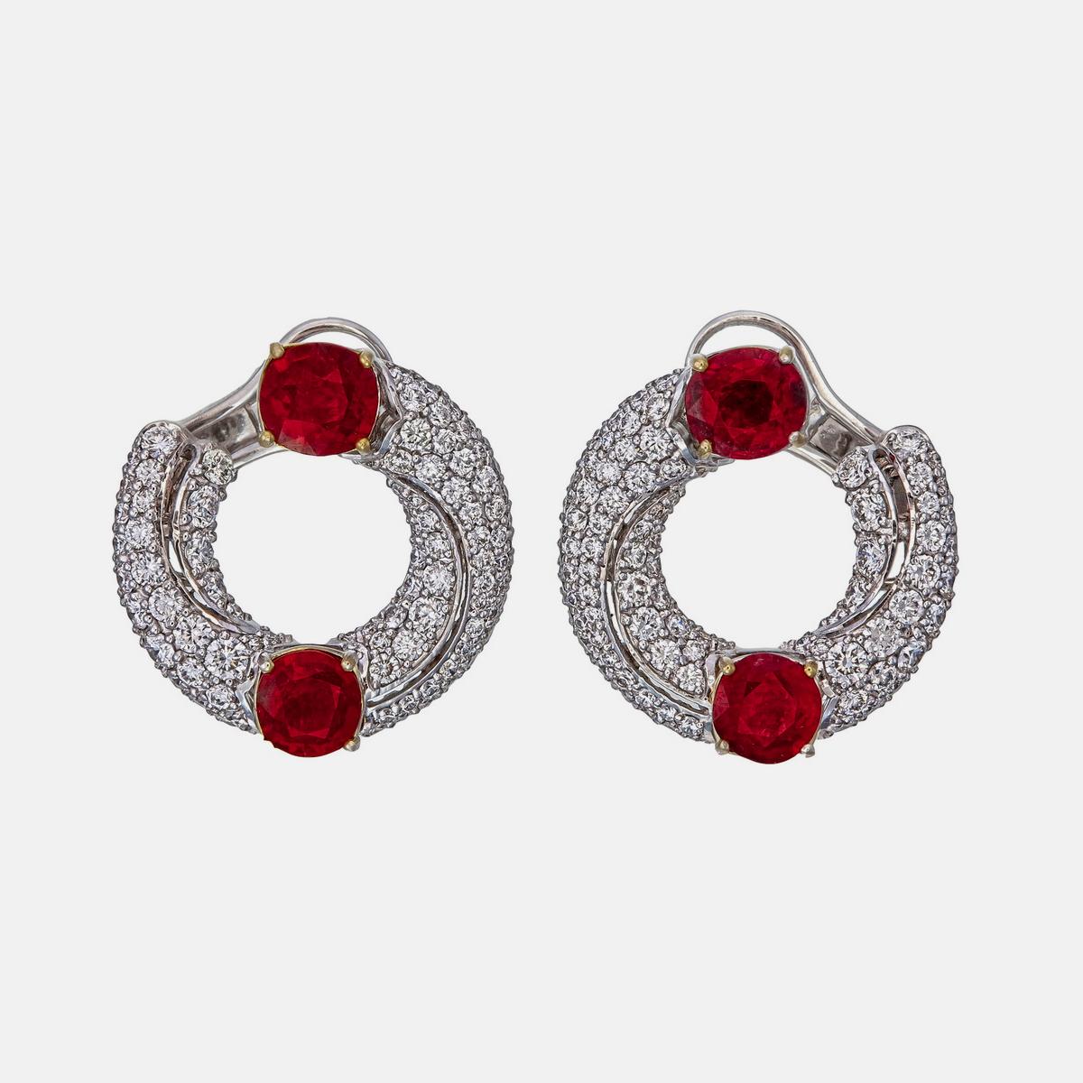 Modern 3.62 Carat Burma No Heat Ruby And Diamond Earrings in 18 Karat White Gold For Sale