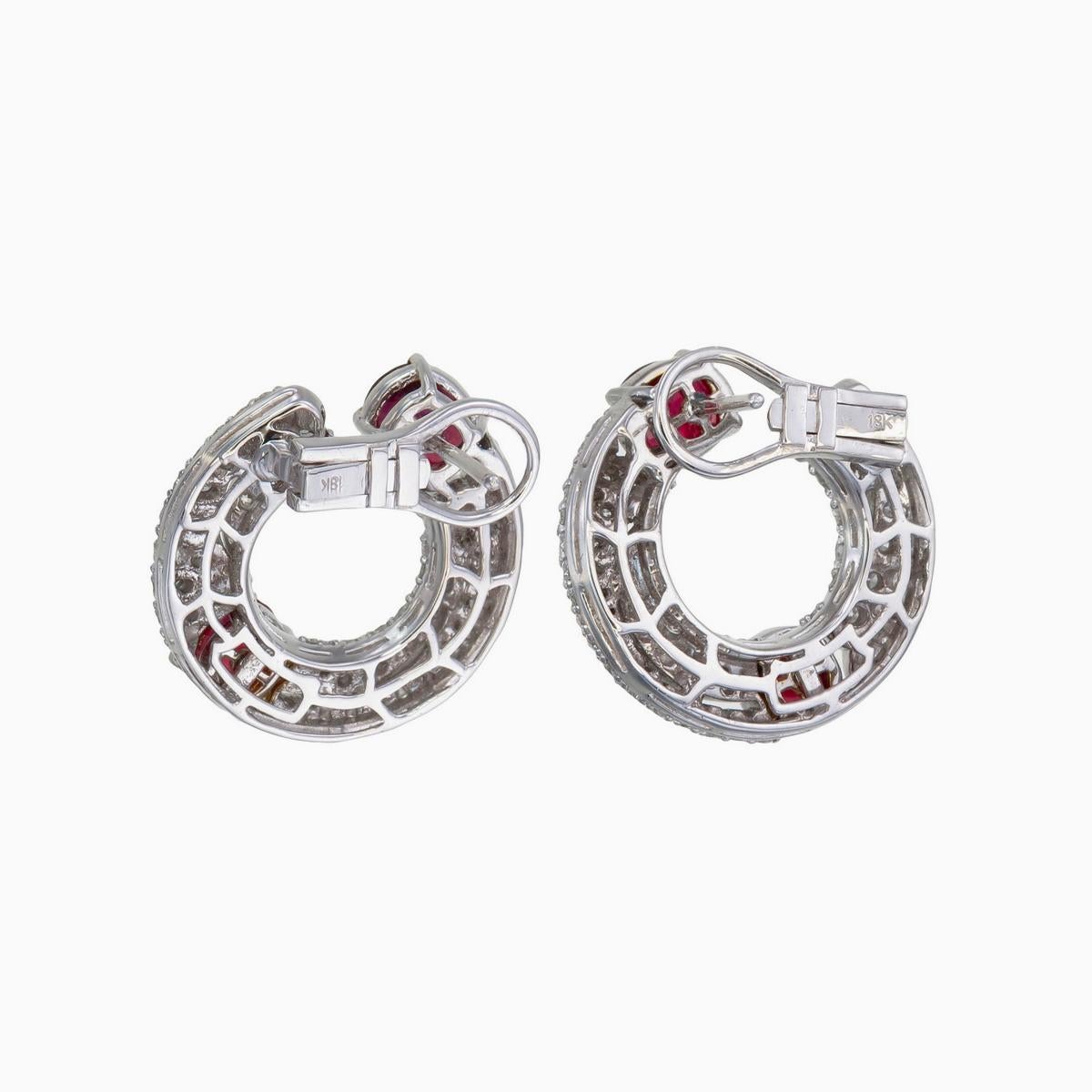 Round Cut 3.62 Carat Burma No Heat Ruby And Diamond Earrings in 18 Karat White Gold For Sale