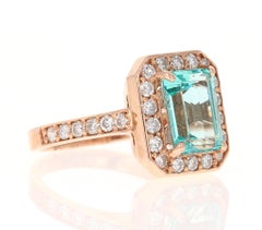 3.62 Carat Emerald Cut Apatite Diamond Ring 14 Karat Rose Gold Ring