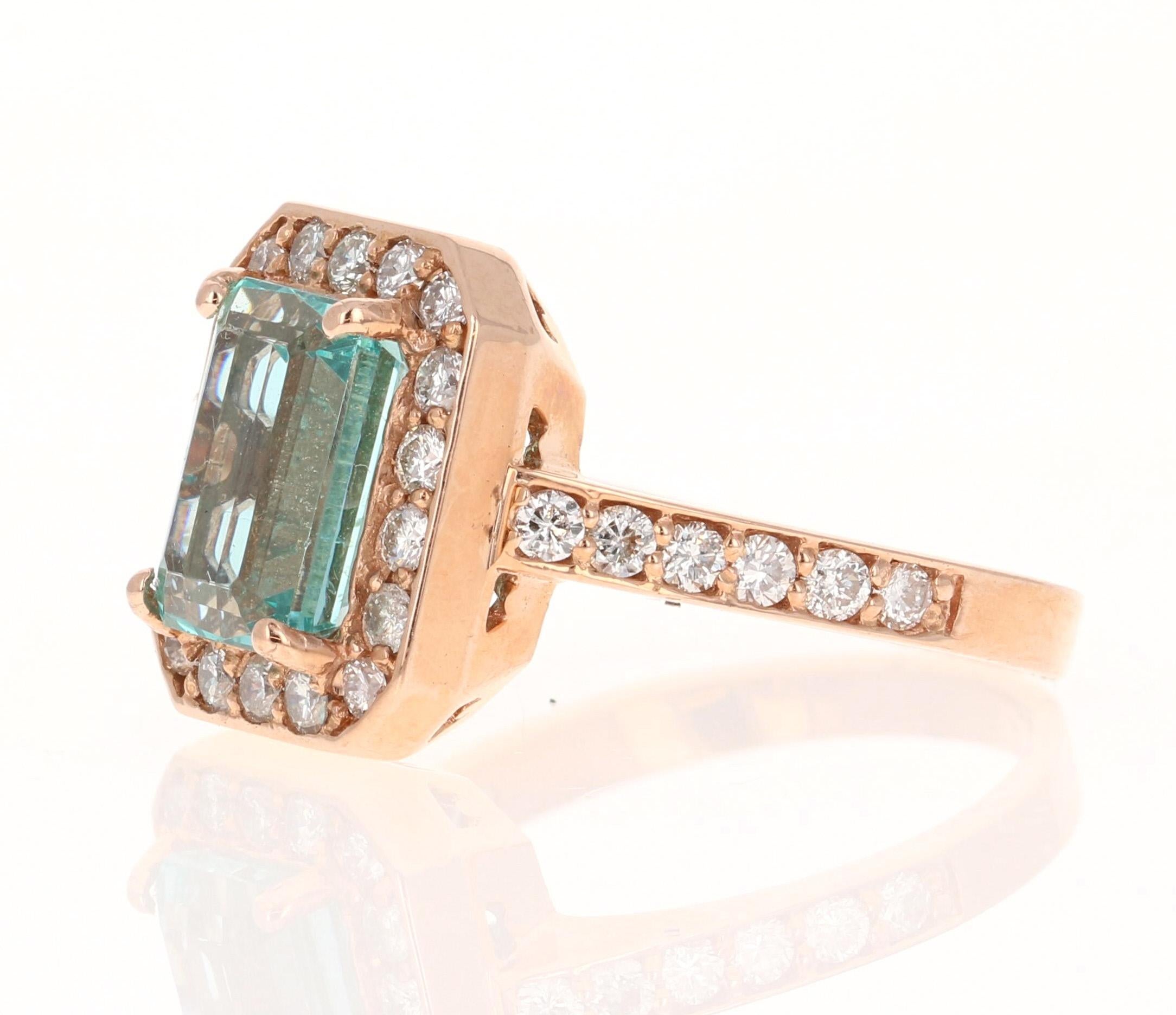 Contemporary 3.62 Carat Emerald Cut Apatite Diamond Ring 14 Karat Rose Gold Ring For Sale