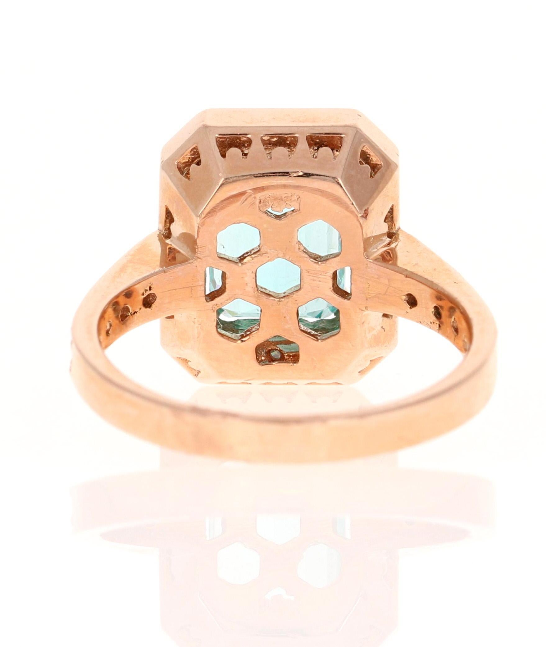 3.62 Carat Emerald Cut Apatite Diamond Ring 14 Karat Rose Gold Ring In New Condition For Sale In Los Angeles, CA