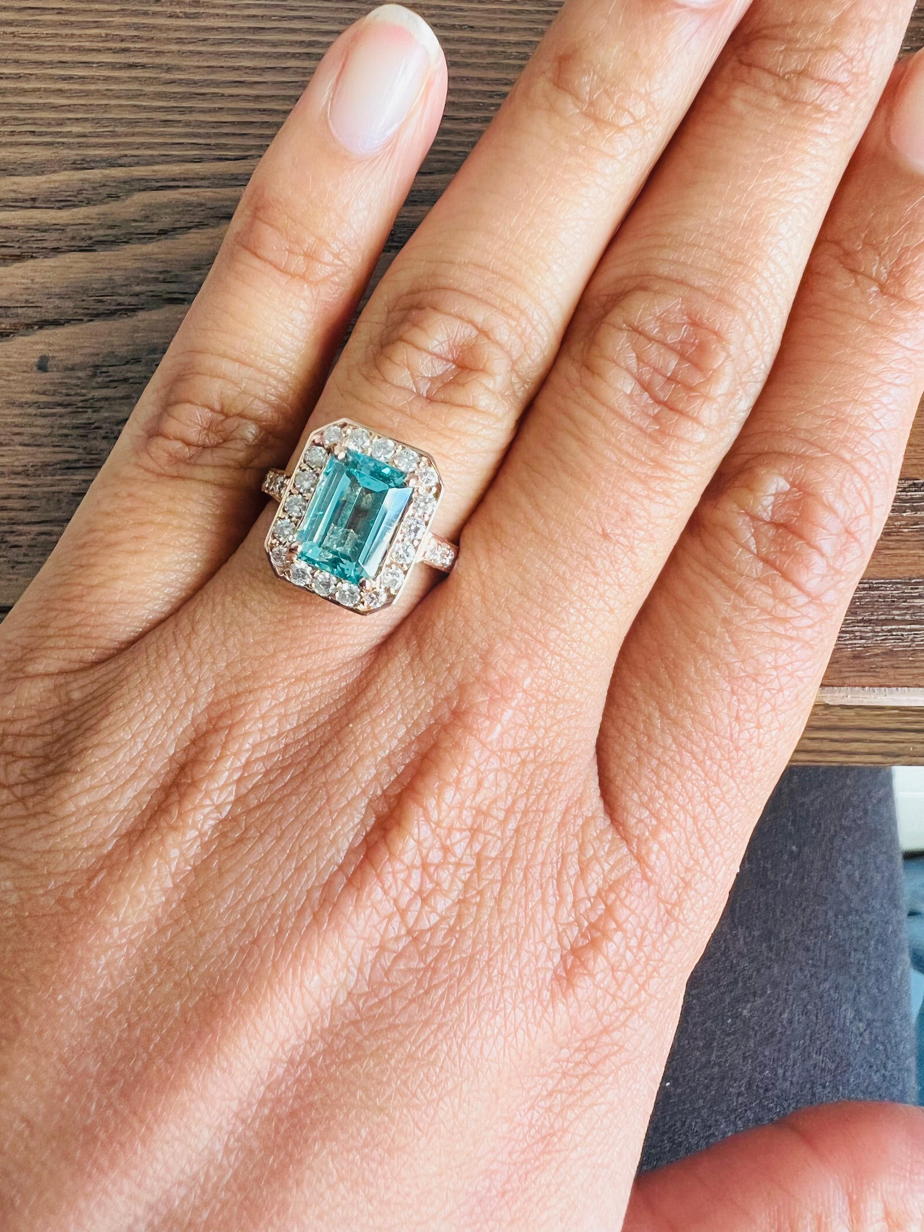 Women's 3.62 Carat Emerald Cut Apatite Diamond Ring 14 Karat Rose Gold Ring For Sale