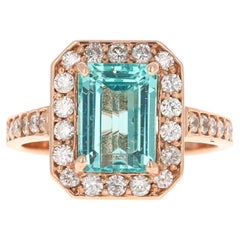 3.62 Carat Emerald Cut Apatite Diamond Ring 14 Karat Rose Gold Ring