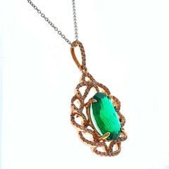 3.62 Carat Green Oval Emerald & Diamond Pendant In 18k Rose Gold