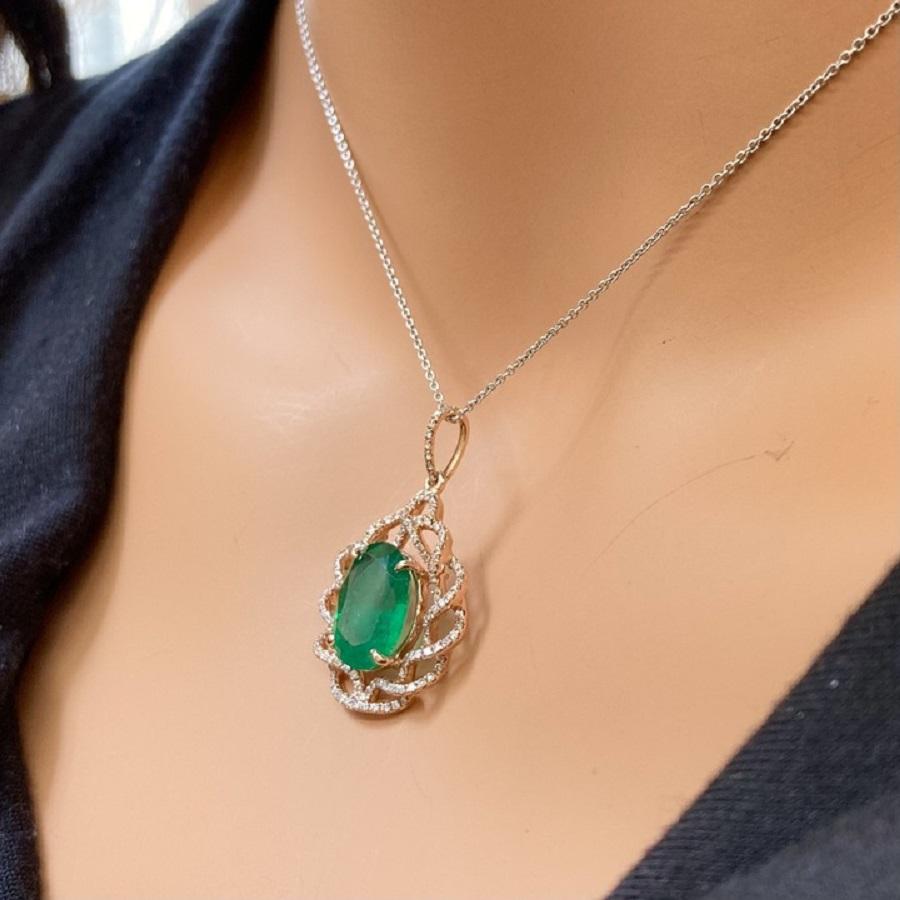 3.62 Carat Green Oval Emerald & Diamond Pendant In 18k Rose Gold In New Condition For Sale In Chicago, IL
