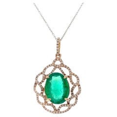 3.62 Carat Green Oval Emerald & Diamond Pendant In 18k Rose Gold