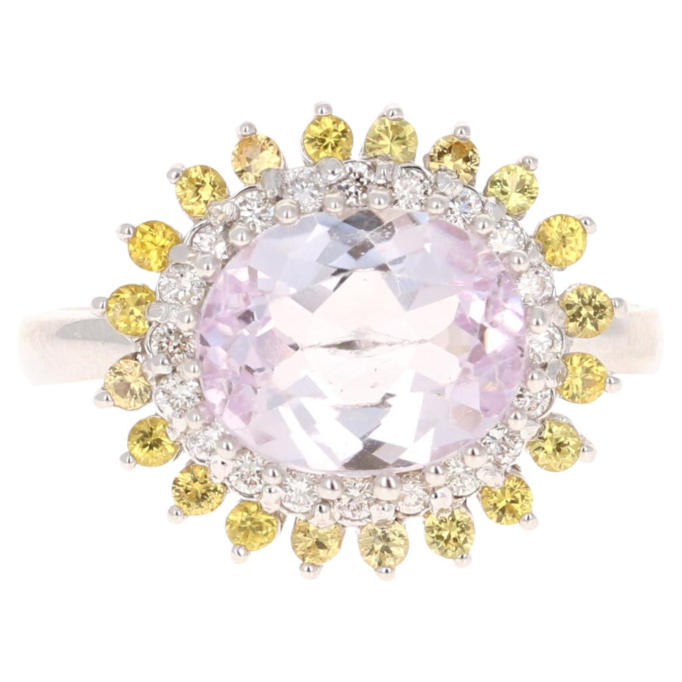 3.62 Carat Kunzite Yellow Sapphire Diamond 14 Karat White Gold Ring For Sale