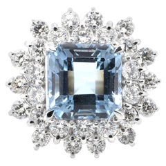 3.62 Carat Natural Aquamarine and Diamond Cocktail Ring Set in Platinum