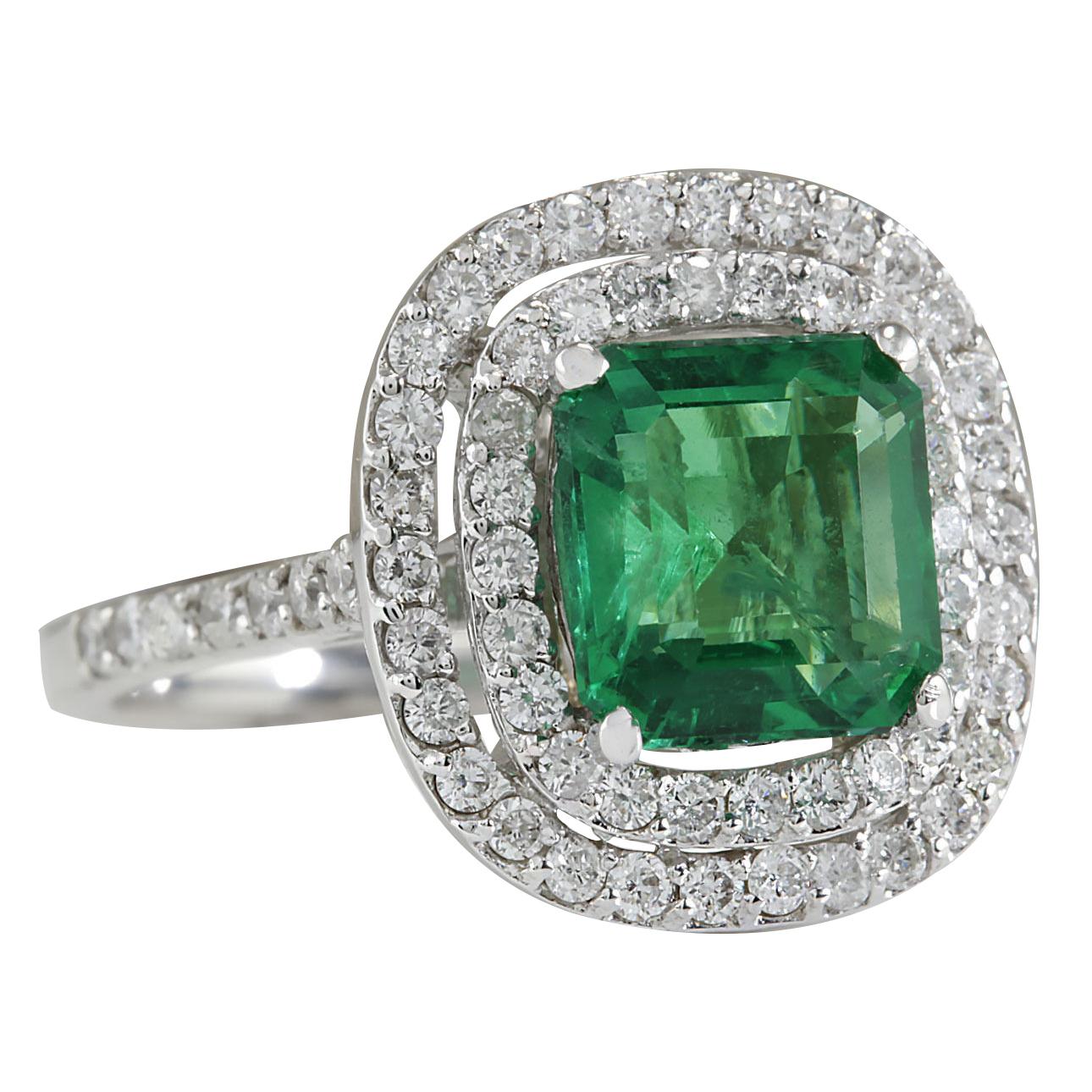 3.62 Carat Natural Emerald 14 Karat White Gold Diamond Ring
Stamped: 14K White Gold
Total Ring Weight: 5.2 Grams
Total Natural Emerald Weight is 2.62 Carat (Measures: 8.50x8.50 mm)
Color: Green
Total Natural Diamond Weight is 1.00 Carat
Color: F-G,
