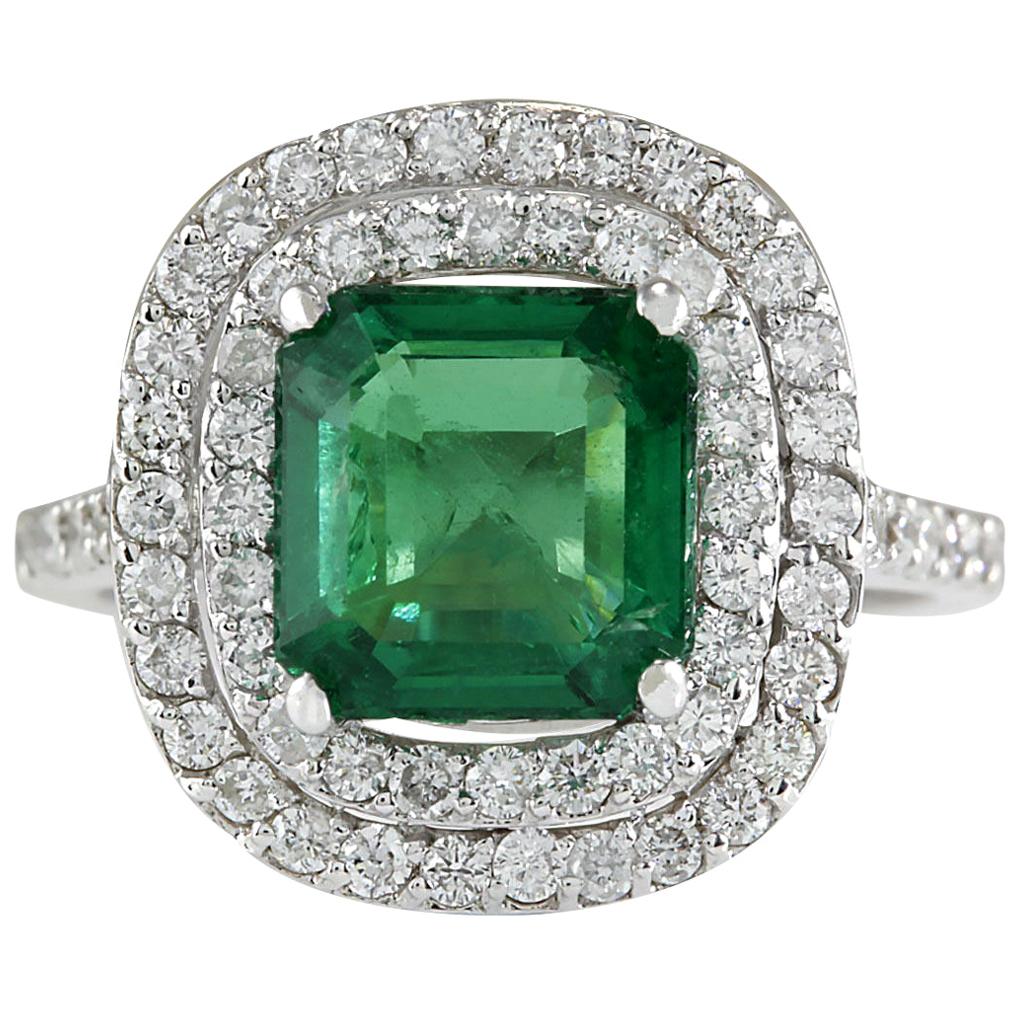 Natural Emerald Diamond Ring In 14 Karat White Gold  For Sale