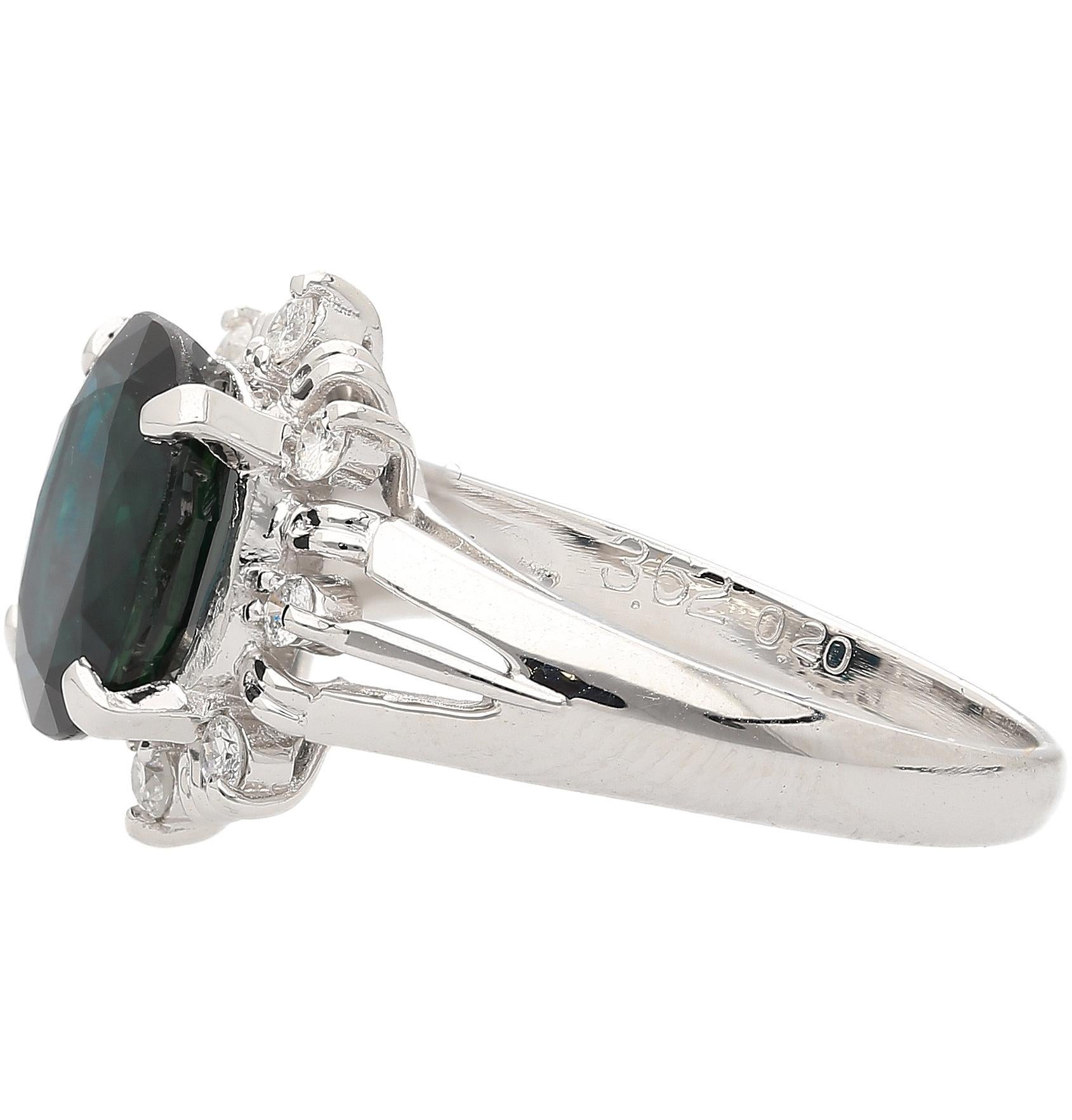 3.62 Carat Oval Blue Sapphire and Diamond Halo Platinum Split Ring In New Condition For Sale In Miami, FL