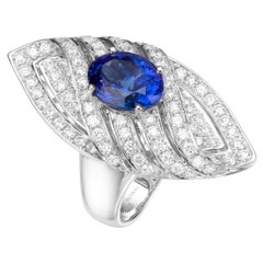 3.62 Carat Oval Blue Tanzanite 18 Karat White Gold Diamond Cocktail Ring