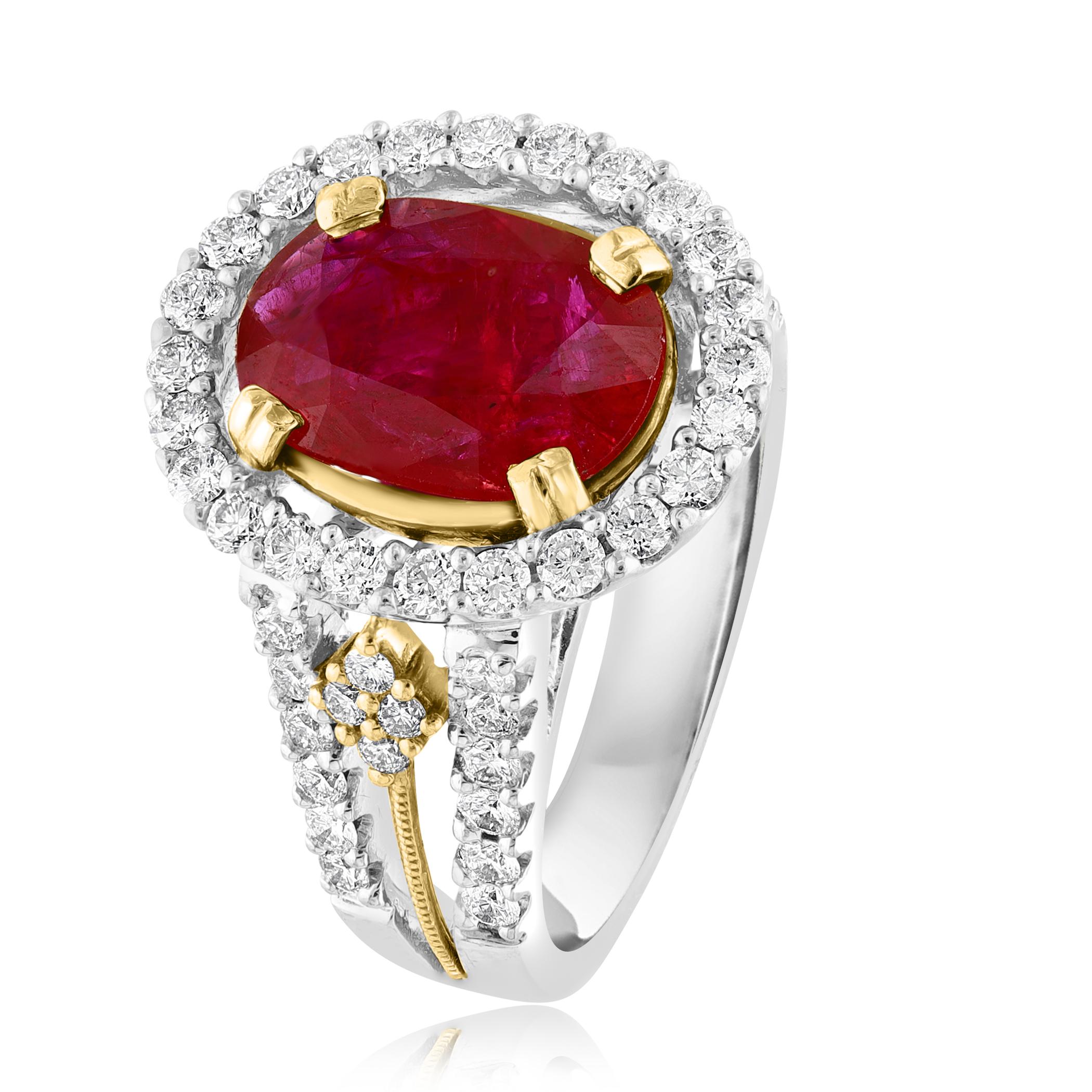 A stylish cocktail ring showcasing a 3.62-carat color-rich oval cut Ruby, surrounded by a row of round brilliant diamonds in a halo design. 56 Diamonds weigh 1.27 carats in total. Made in 18k mix gold.

Size 6.5 US (Sizable). One of a Kind