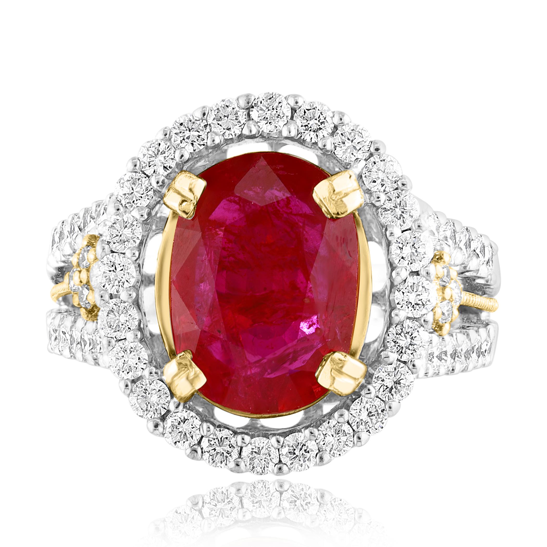 Modern 3.62 Carat Oval Ruby and Diamond Cocktail Ring in 18K Mix Gold For Sale
