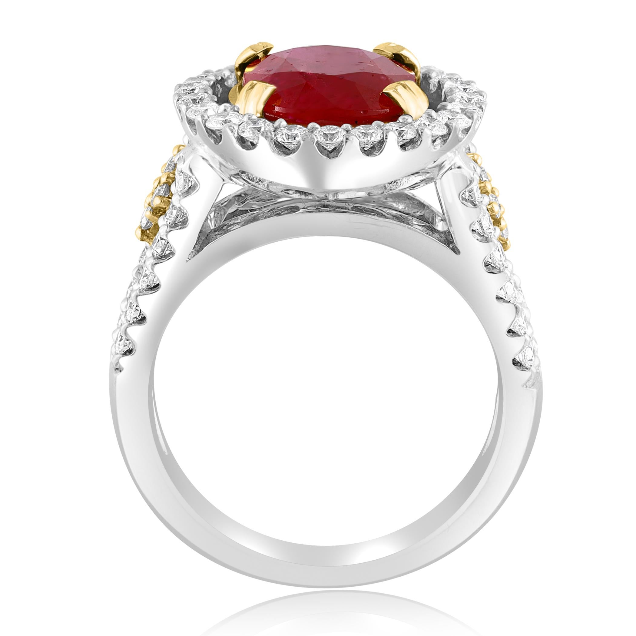 Oval Cut 3.62 Carat Oval Ruby and Diamond Cocktail Ring in 18K Mix Gold For Sale