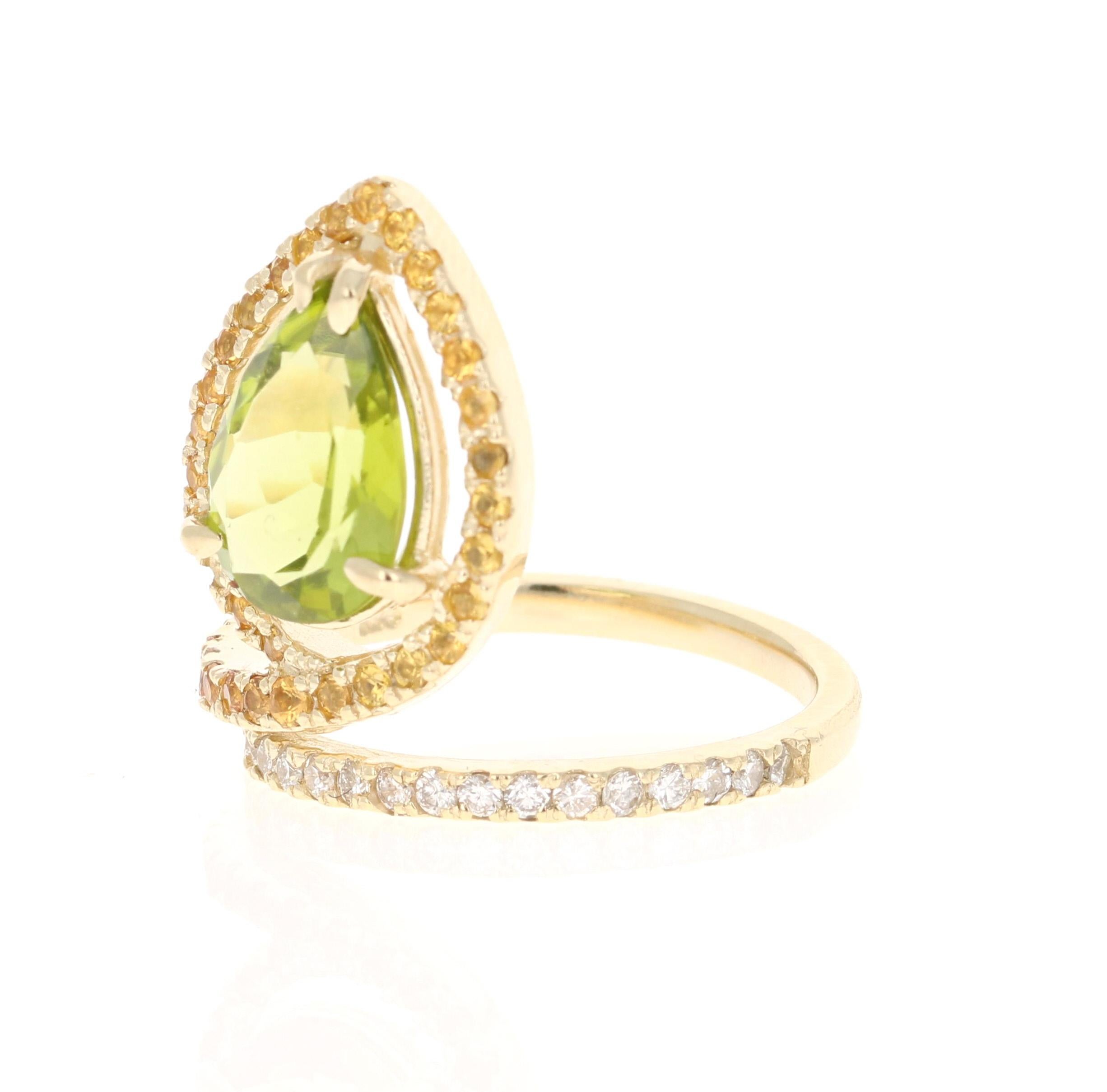 Modern 3.62 Carat Natural Peridot Diamond Sapphire Yellow Gold Ring
