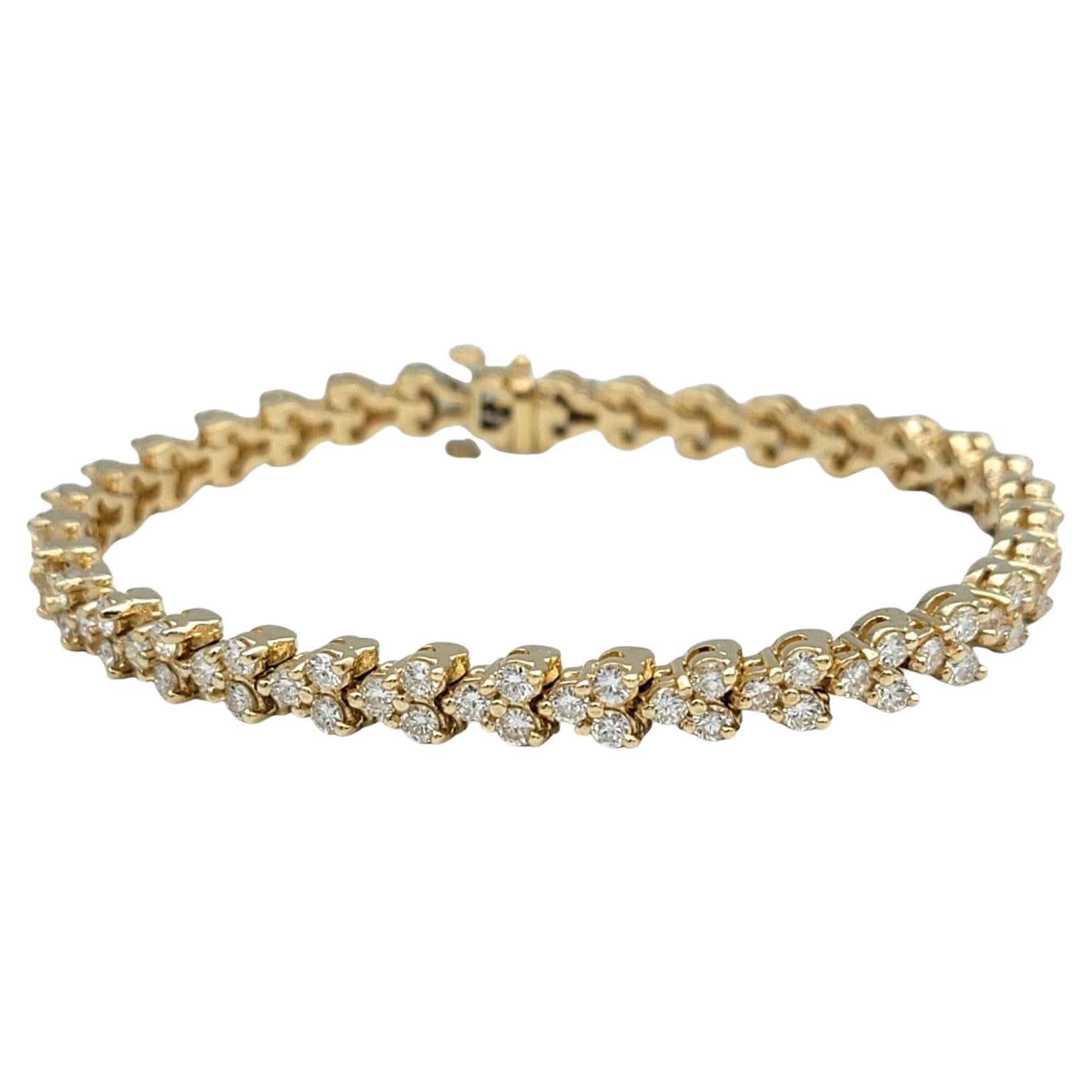 Contemporary 3.62 Carat Total Round Diamond Trio Cluster Tennis Bracelet 14 Karat Yellow Gold For Sale