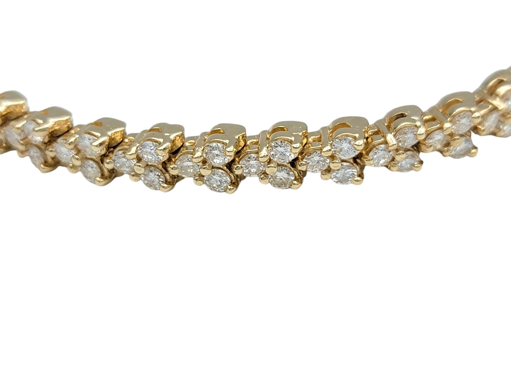 Round Cut 3.62 Carat Total Round Diamond Trio Cluster Tennis Bracelet 14 Karat Yellow Gold For Sale