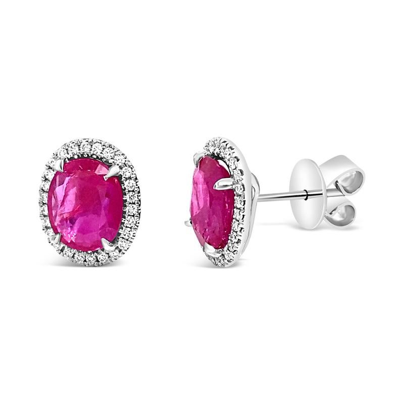 Oval Cut 3.62 Carat Total Weight Oval Burma Ruby with 0.23ctw Diamond Halo Stud Earrings For Sale