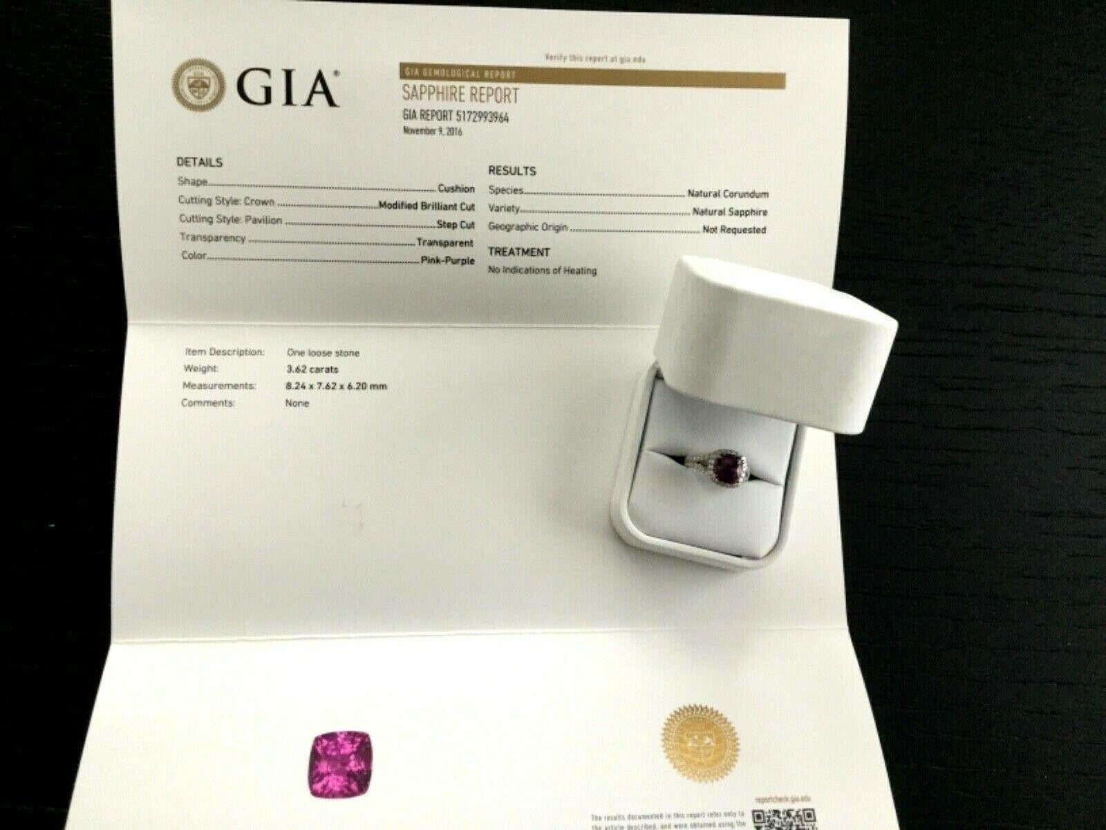Women's 3.62 Carat Unheated Natural Pink Purple Sapphire and Diamond Ring GIA Certified