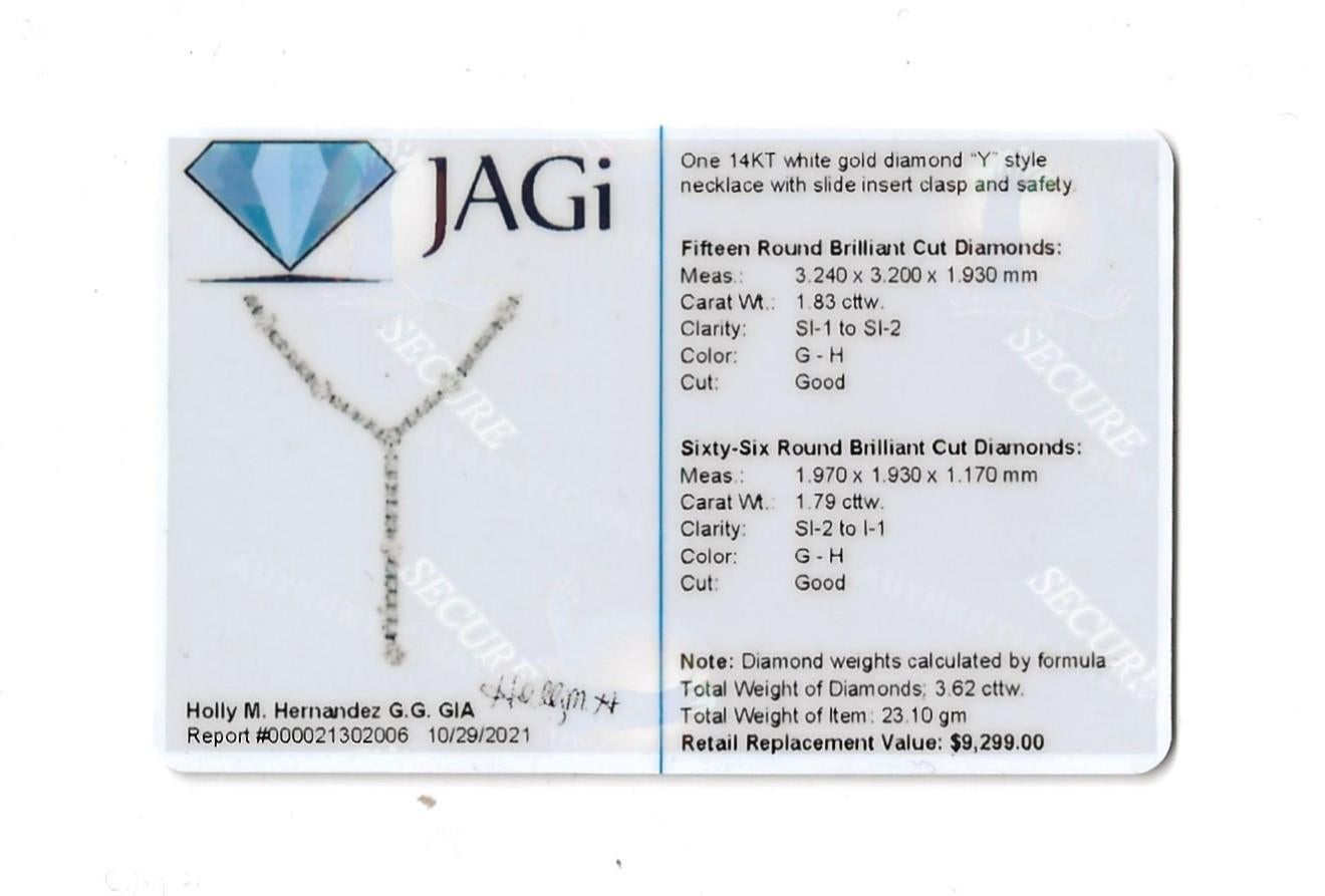 3.62 Carats Total Round Brilliant Diamond 'Y' Shaped Drop Necklace in White Gold For Sale 10