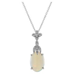 3.62 Ct. Oval Opal and Diamond Vintage Style Necklace in 18K White Gold