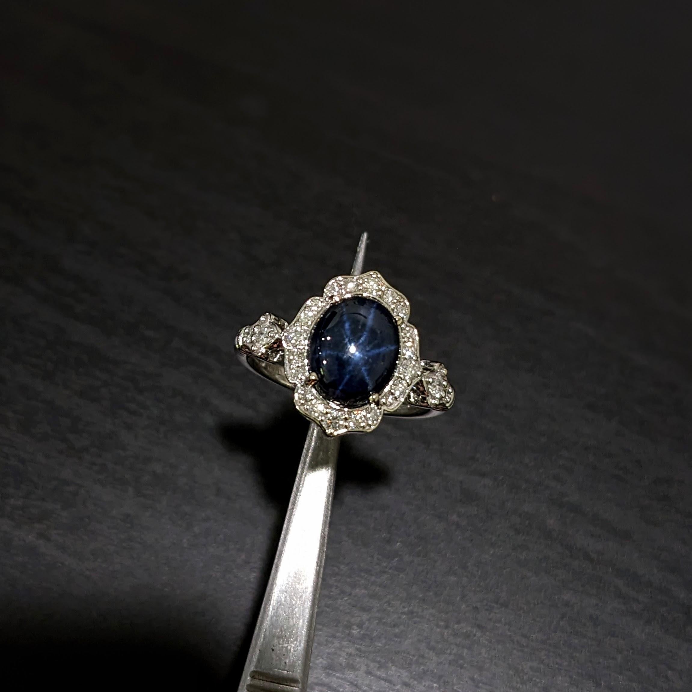 3.62 ct Star Sapphire Ring w Natural Diamonds in Solid 14K White Gold Oval 10x8 In New Condition In Columbus, OH