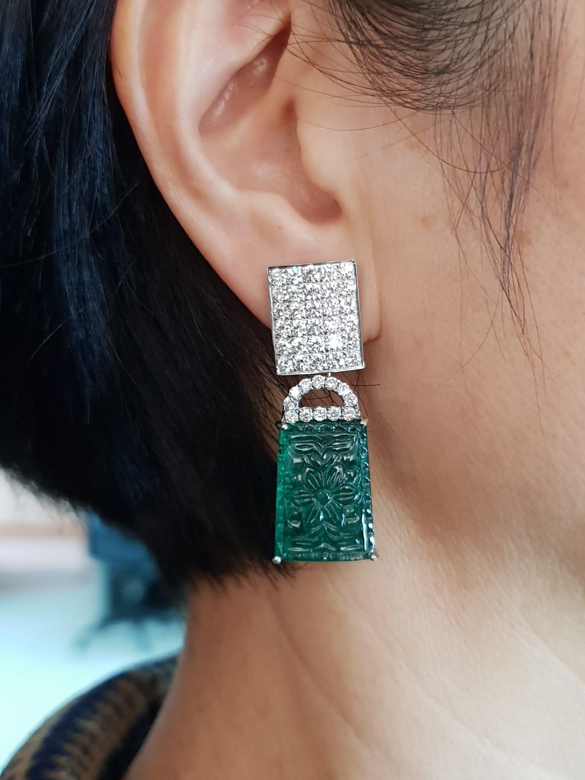 Women's 36.20 Carat Carved Emerald and Diamond Dangle Earrings
