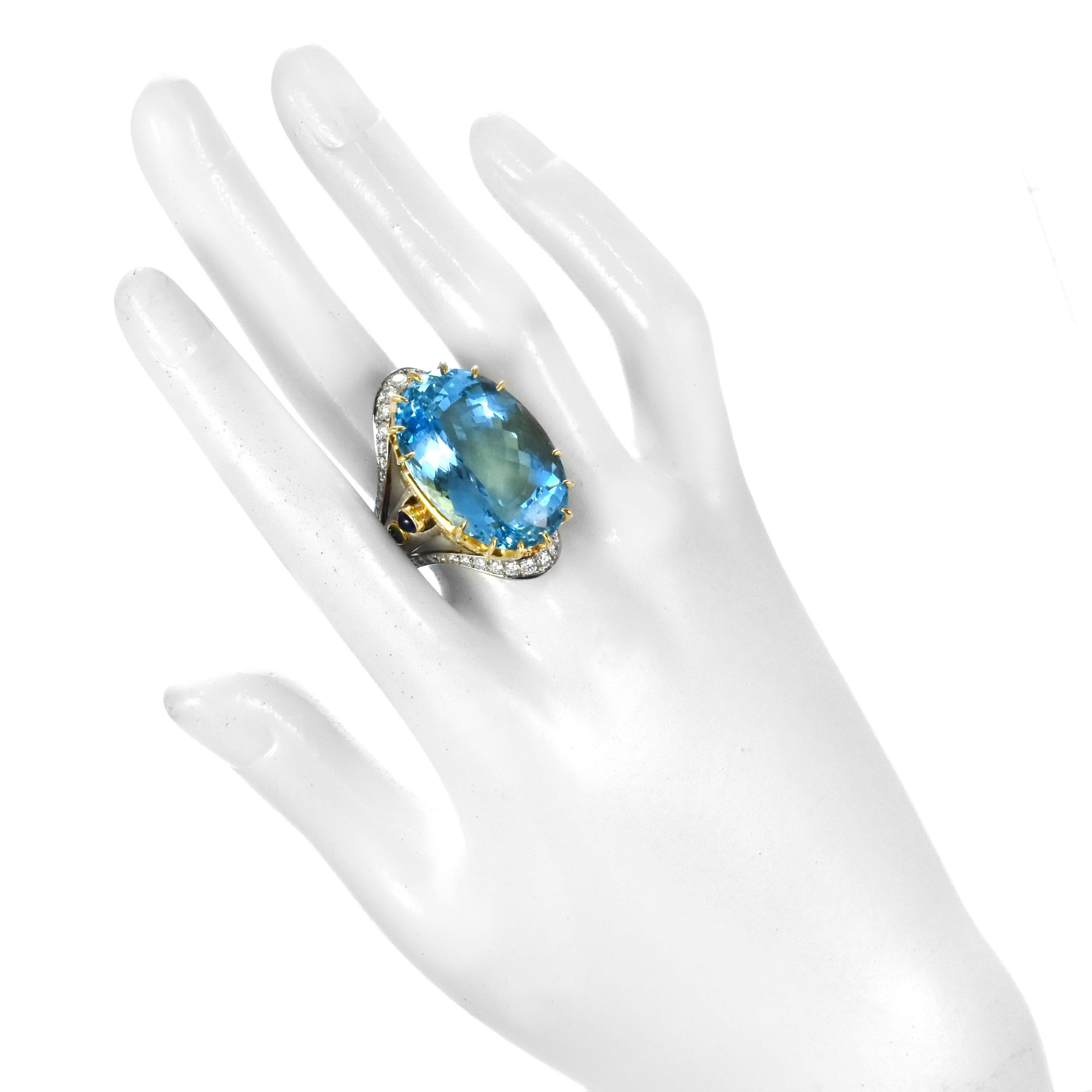 Oval Cut 36.22 Carat Natural Santa-Maria Aquamarine and Diamond Ring Made in Platinum For Sale