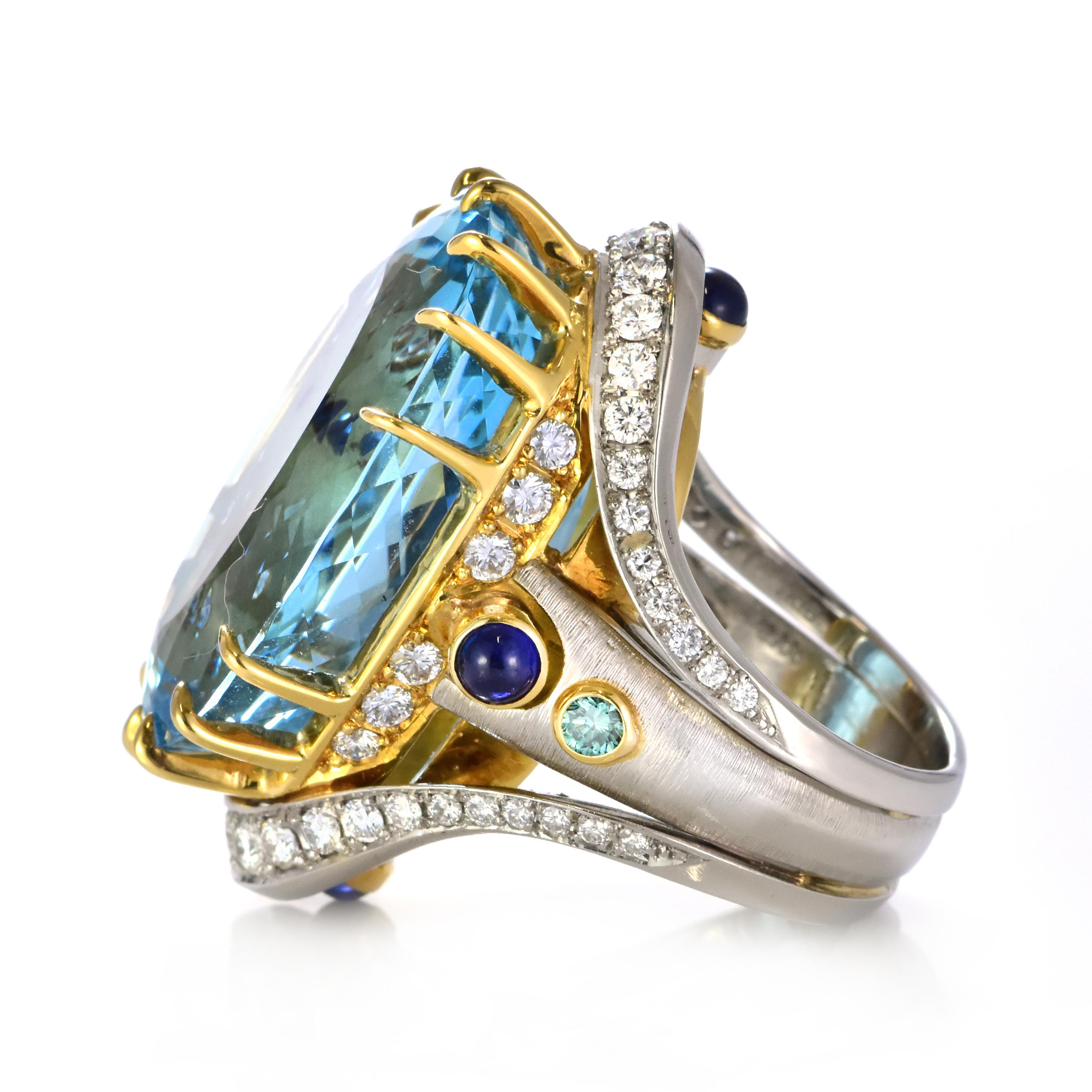 Women's 36.22 Carat Natural Santa-Maria Aquamarine and Diamond Ring Made in Platinum For Sale