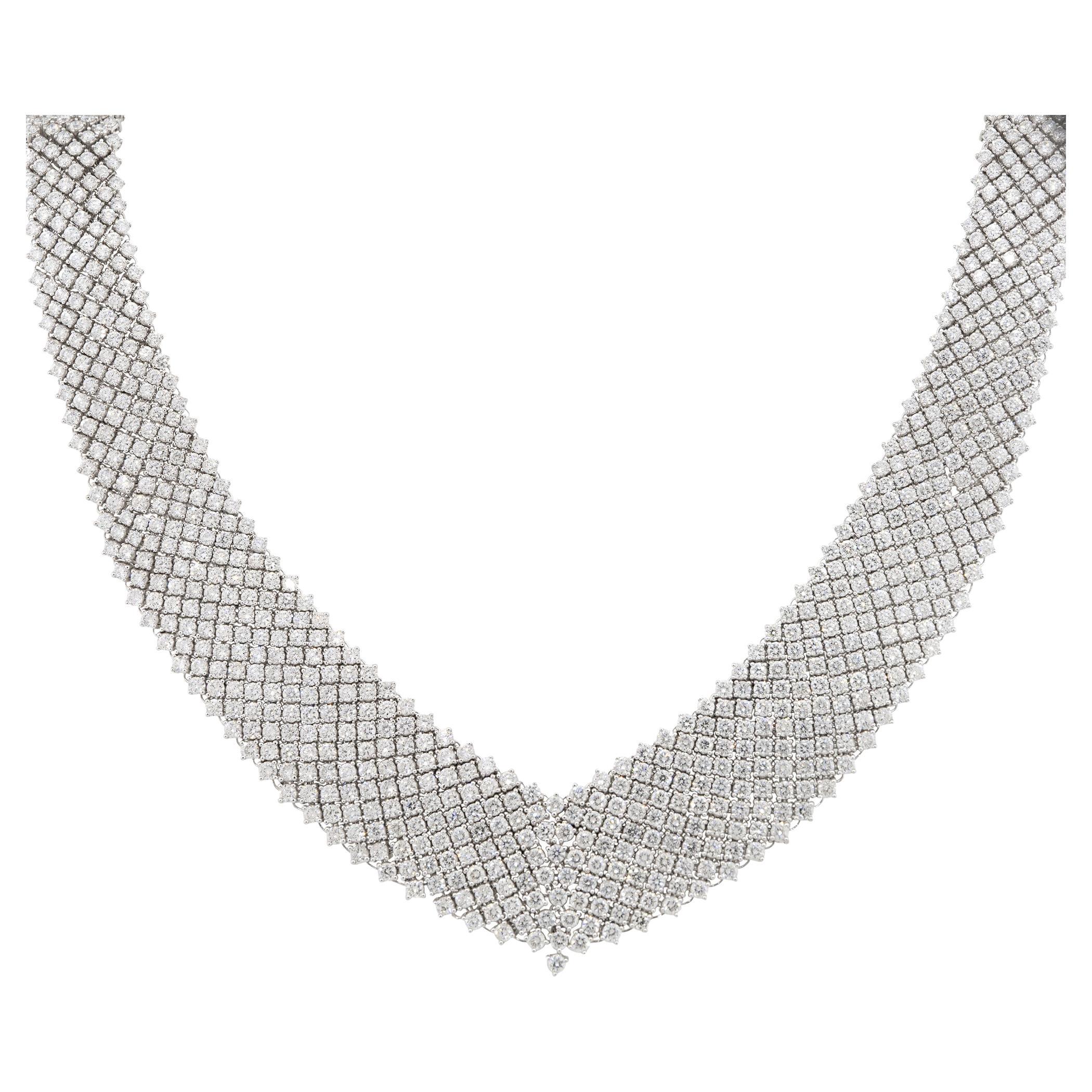 36.24 Carat Pave Diamond "V" Necklace 18 Karat in Stock For Sale