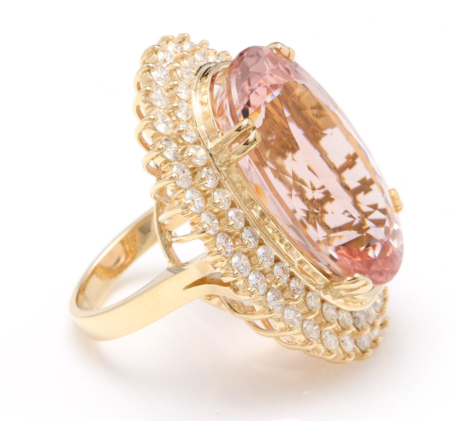 Mixed Cut 36.25 Carats Exquisite Natural Morganite and Diamond 14K Solid Yellow Gold Ring For Sale