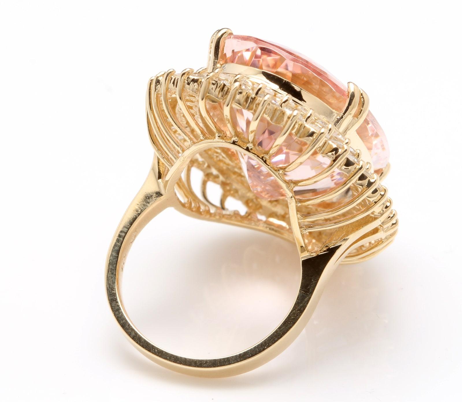 36.25 Carats Exquisite Natural Morganite and Diamond 14K Solid Yellow Gold Ring In New Condition For Sale In Los Angeles, CA